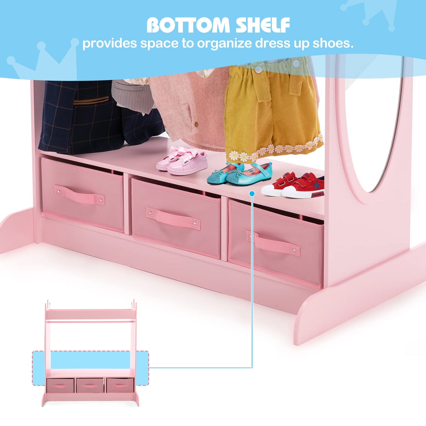 COSVALVE Kids Armoire Dress-Up Storage w/Mirror and Drawers,Dress up Closet,Costume Dress up Wardrobe, Pretend Storage Closet w/Side Pocket Top Shelf for Shoes,Lovely Pink for Girls Room