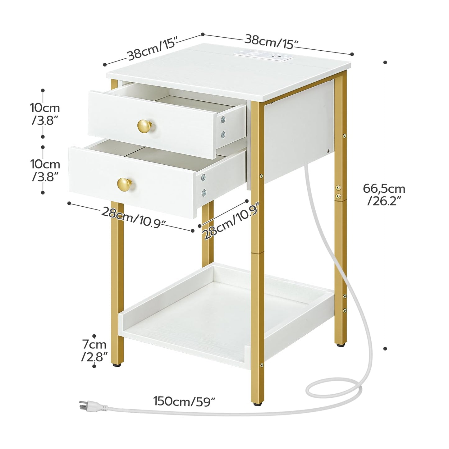 HOOBRO End Table with Charging Station, Tall Nightstand with Storage Drawer, Small Side Table with Gold Frame, 26.2 Inch Telephone Entryway Table for Bedroom, Hallway White and Gold DW72UBZ01