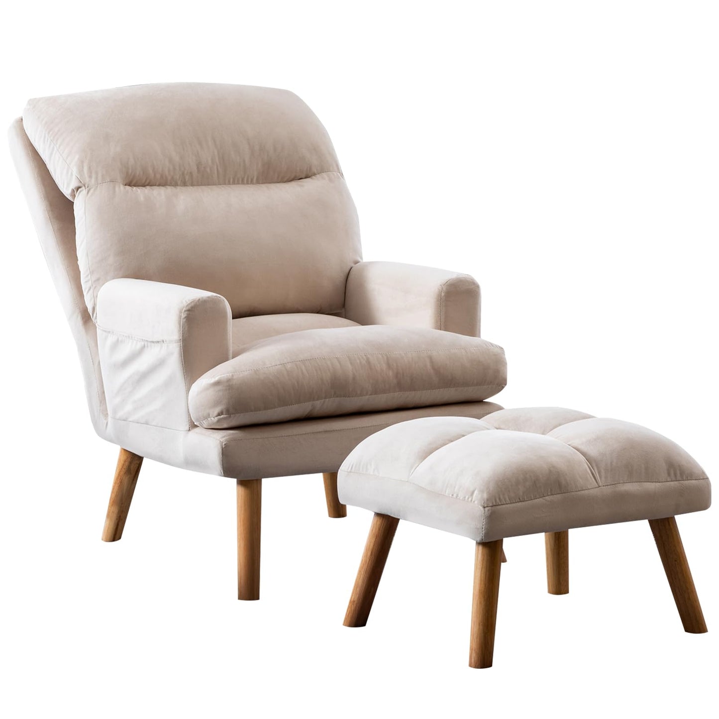 INZOY Accent Chairs with Ottoman, Velvet Fabric Armchair with Ottoman for Bedroom Living Room, Mid Century Modern Chair with Adjustable Backrest and Side Pockets, Beige