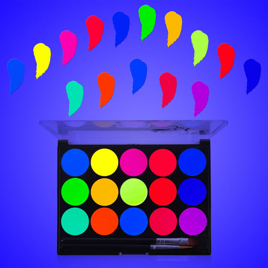 MEICOLY UV Blacklight Face Paint,15 Bright Colors Neon Fluorescent Body Painting Palette,Water Activated Eyeliner,Water Based Makeup Glow In The Dark Halloween Washable for Kids Adult Body Paint