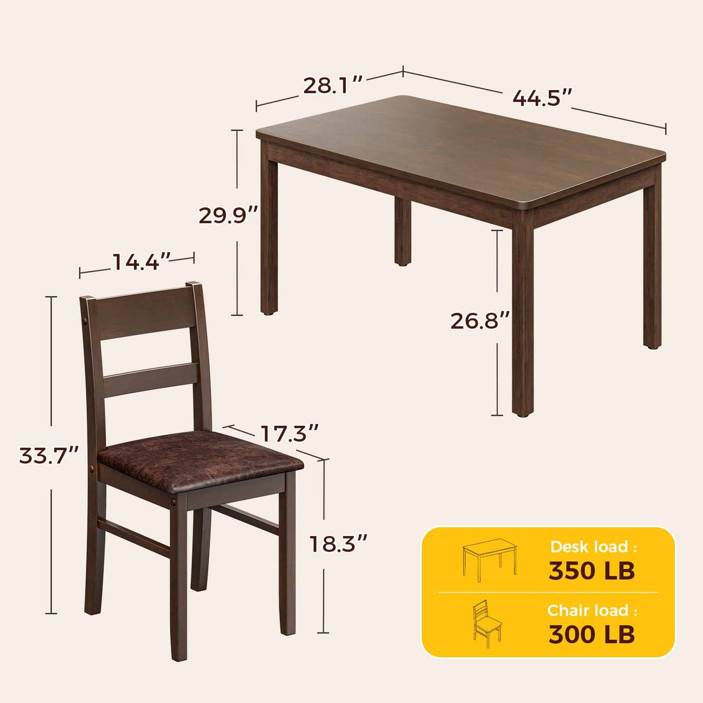 KKL Dining Table Set for 4, 5-Piece Solid Wood Kitchen Table and Upholstered Chairs, Space-Saving Dining Set with Padded Seats, Compact for Apartment, Home, Small Dining Room, Coffee Brown
