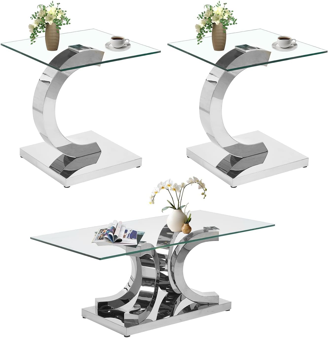 HomVent 3 Piece Glass Coffee Table Set, Living Room Side Table Set of 3, Modern Tempered Glass Coffee Table and 2 End Tables Set with Silver Unique Shapes Stainless Steel Base for Living Room