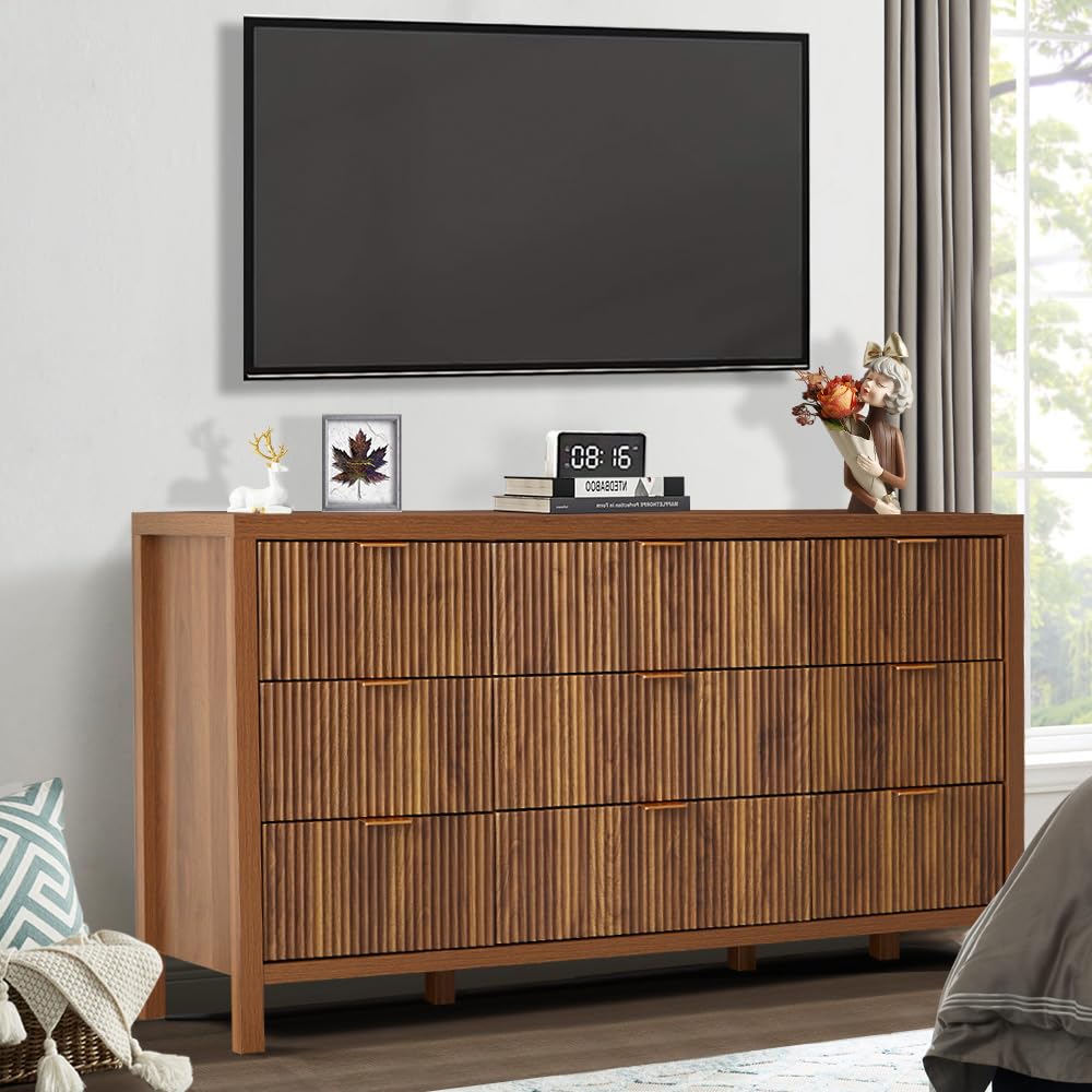affeivul Mid Century Modern Dresser TV Stand, 9 Drawer Dresser for Bedroom Wood, Farmhouse Boho Storage Cabinet Side Table with Solid Natural Wood Legs, Long Wooden Nightstand for Closet (Walnut)