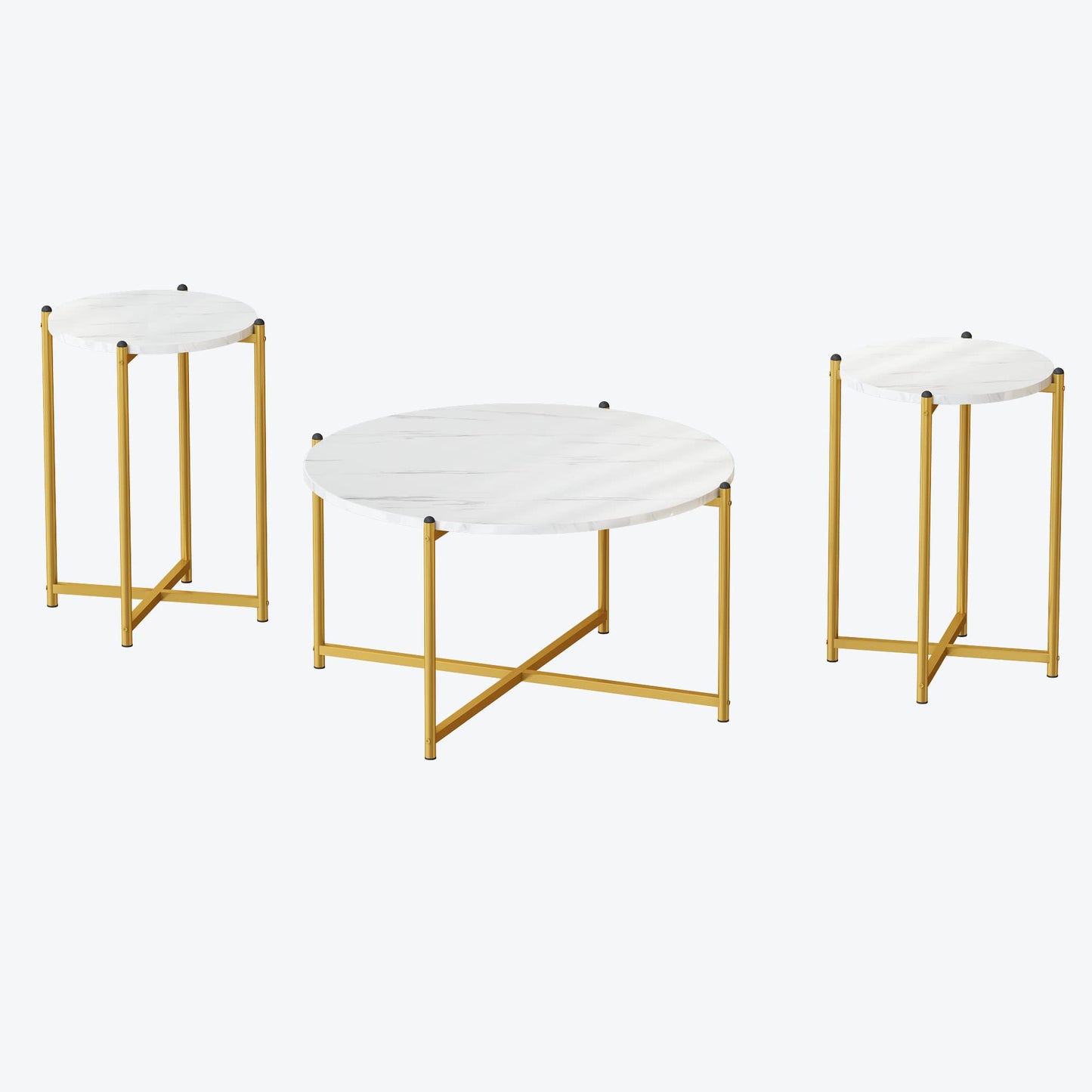 Lamerge Coffee Table Set of 3,Modern Faux Marble Top with Golden Frame,1 Coffee Table & 2 Accent Table, Living Room Table Set, for Apartment,Office and So on,White & Gold (LCTR-W)