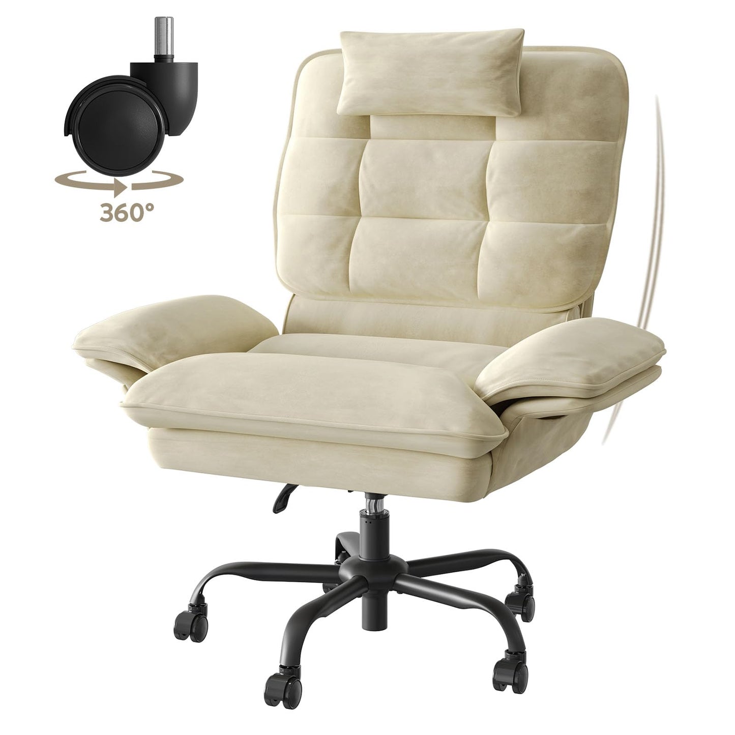 Bestier Velvet Executive Office Chair, Ergonomic Chair with Flip-up Arms, 135° Reclining Office Chair with Side Pockets & Headrest, Big Swivel Computer Chair for Home Office - Beige