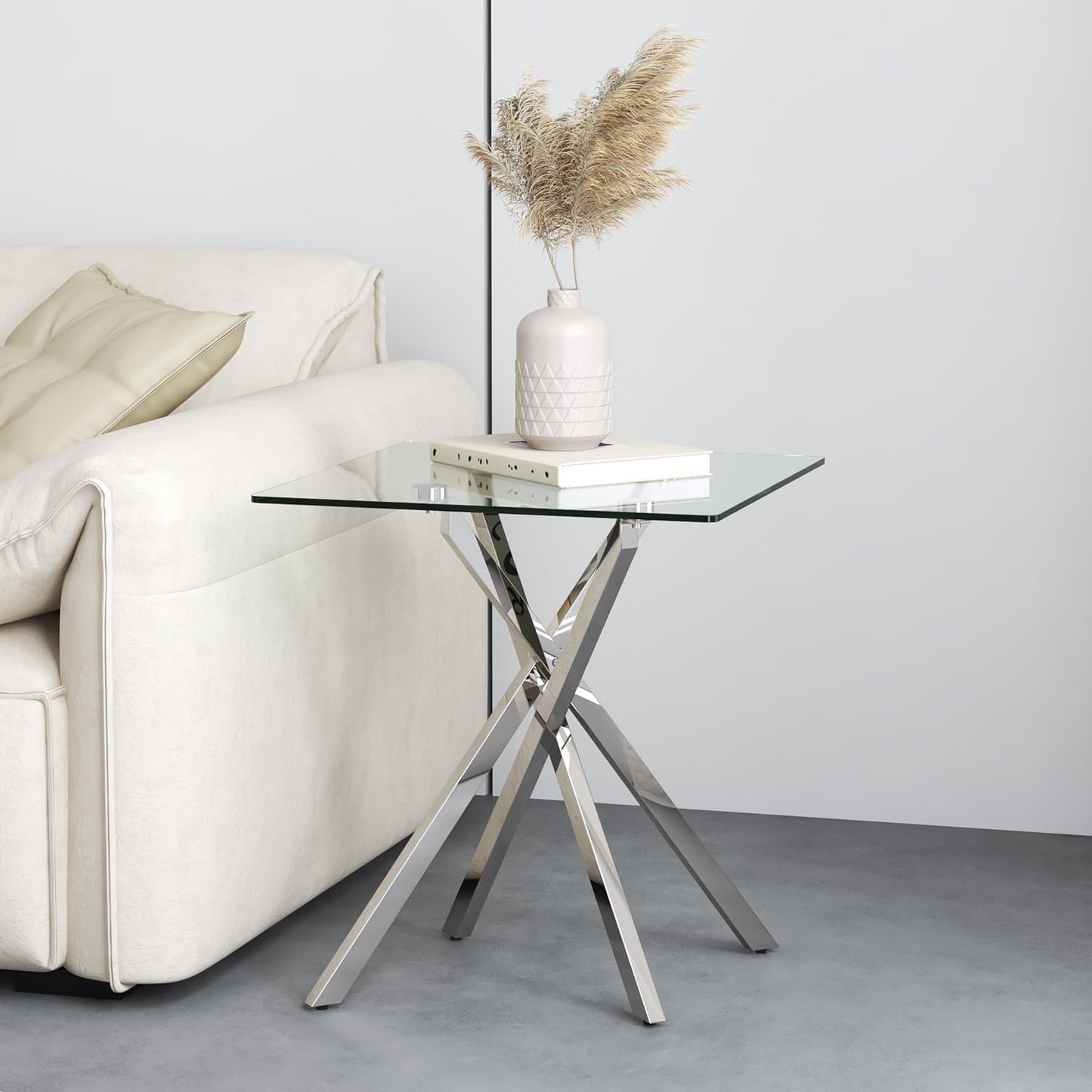 NIERN Small Side Coffee Table with Chromed Legs, Tempered Glass Square Modern End Table for Living Room Sofa Home Office (1, Silver, 19.68"×19.68"×21.65")