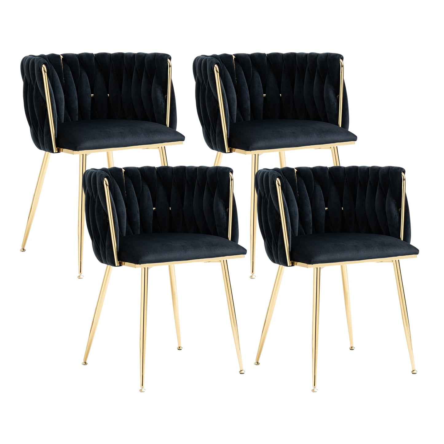 ECHINGLE Velvet Dining Chairs Set of 4, Modern Upholstered Woven Dining Chairs with Gold Metal Legs, Modern Accent Chairs for Dining Room, Vanity, Kitchen, Living Room(Black)