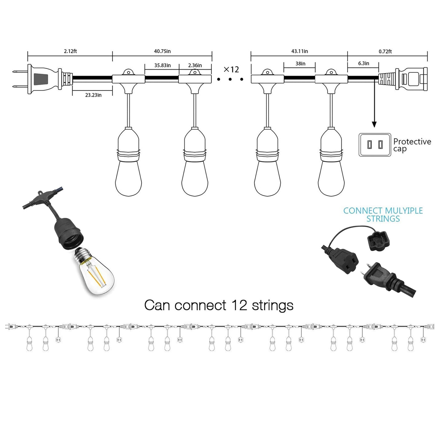 Banord Outdoor String Lights Commercial Grade 96ft Waterproof with 30 S14 Shatterproof Dimmable LED Bulbs, Heavy Duty Hanging Lights for Patio Garden Backyard Decoration, 2W 2x48ft Strands