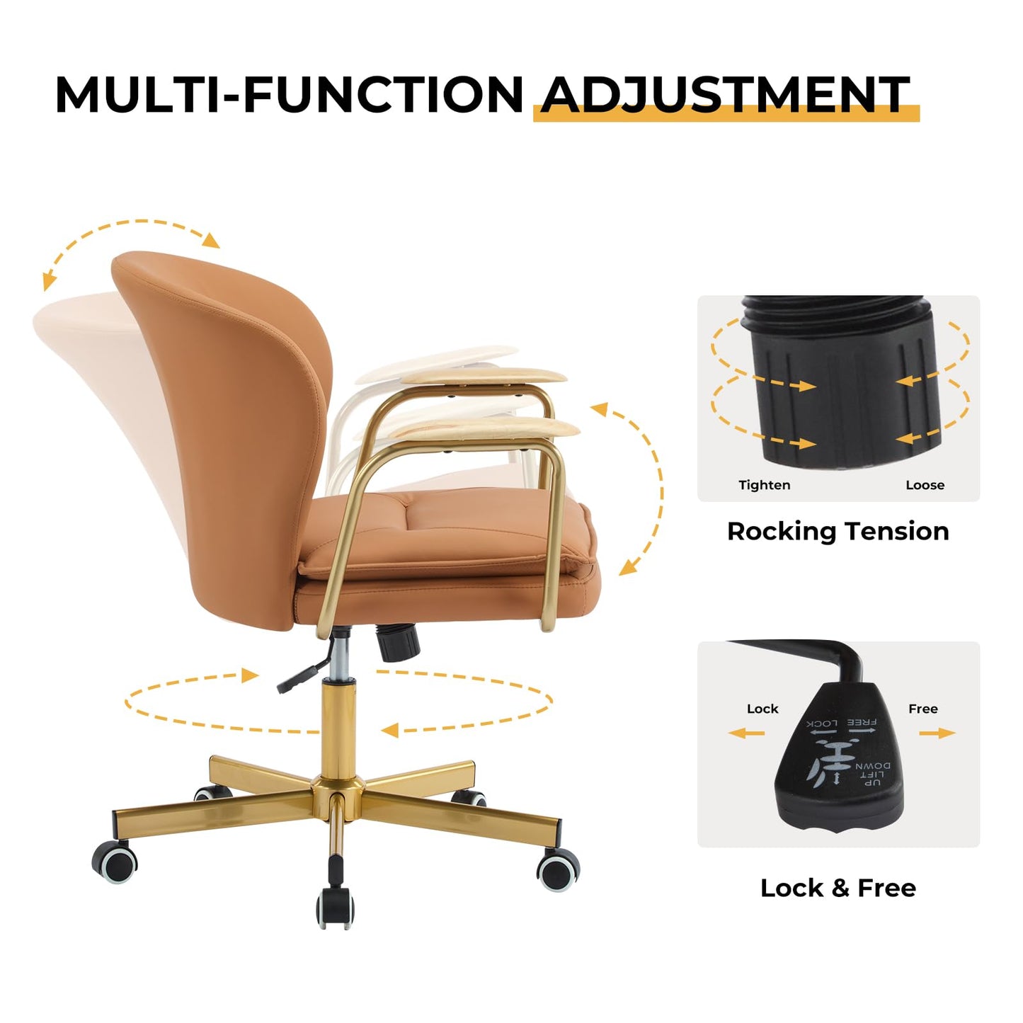 Furniliving Leather Home Office Desk Chairs，Comfy Office Chair, Adjustable Swivel Vanity Chair with Golden Legs and Wooden Padded Armrest, Modern Upholstered Task Chair with Wheels,Brown
