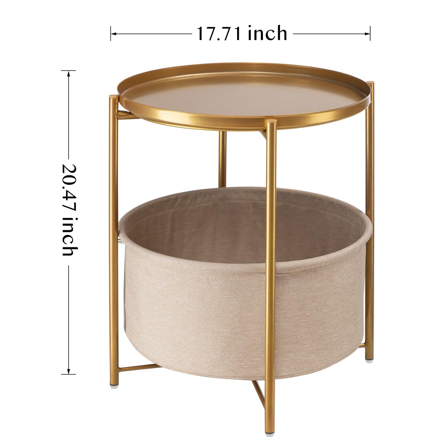 danpinera Round Side Table with Fabric Storage Basket, Metal Side Small Bedside Table Nightstand with Removable Tray Top for Living Room, Bedroom, Nursery, Laundry, Gold