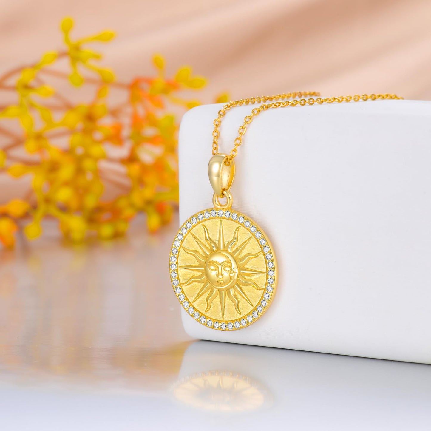 KQF Sun Coin Necklace for Women 925 Sterling Silver Sun and Moon Gold Coin Pendant Celestial Jewelry Gift (sun and moon)