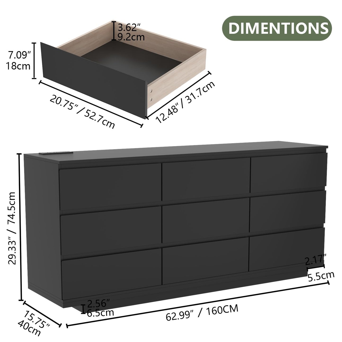 Gyfimoie 9 Drawer Dresser with Power Outlet and LED Lighting, Floating White Dresser Chest of Drawers, The Modern Organizer for Bedroom & Living Room (Black)