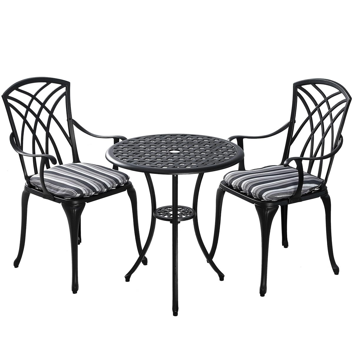Kinger Home Ekta 24-Inch Patio Bistro Sets 3 Piece Cast Aluminum Bistro Table and Chairs Set with Umbrella Hole Bistro Set of 2 for Patio Backyard, Black