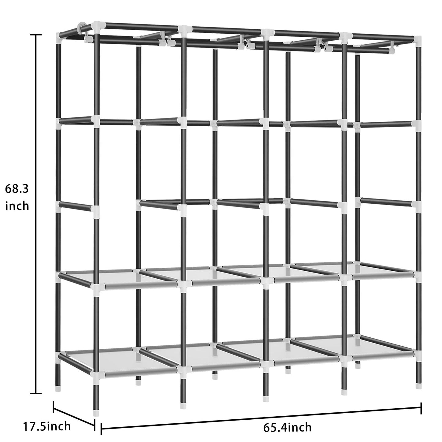 LOKEME Wardrobe Closet，Black Portable Closet with Zippers，65.4Inches 19mm Diameter，Portable Closets for Hanging Clothes，with 4 booms and Storage cabinets，Spacious Large -Capacity Storage Space