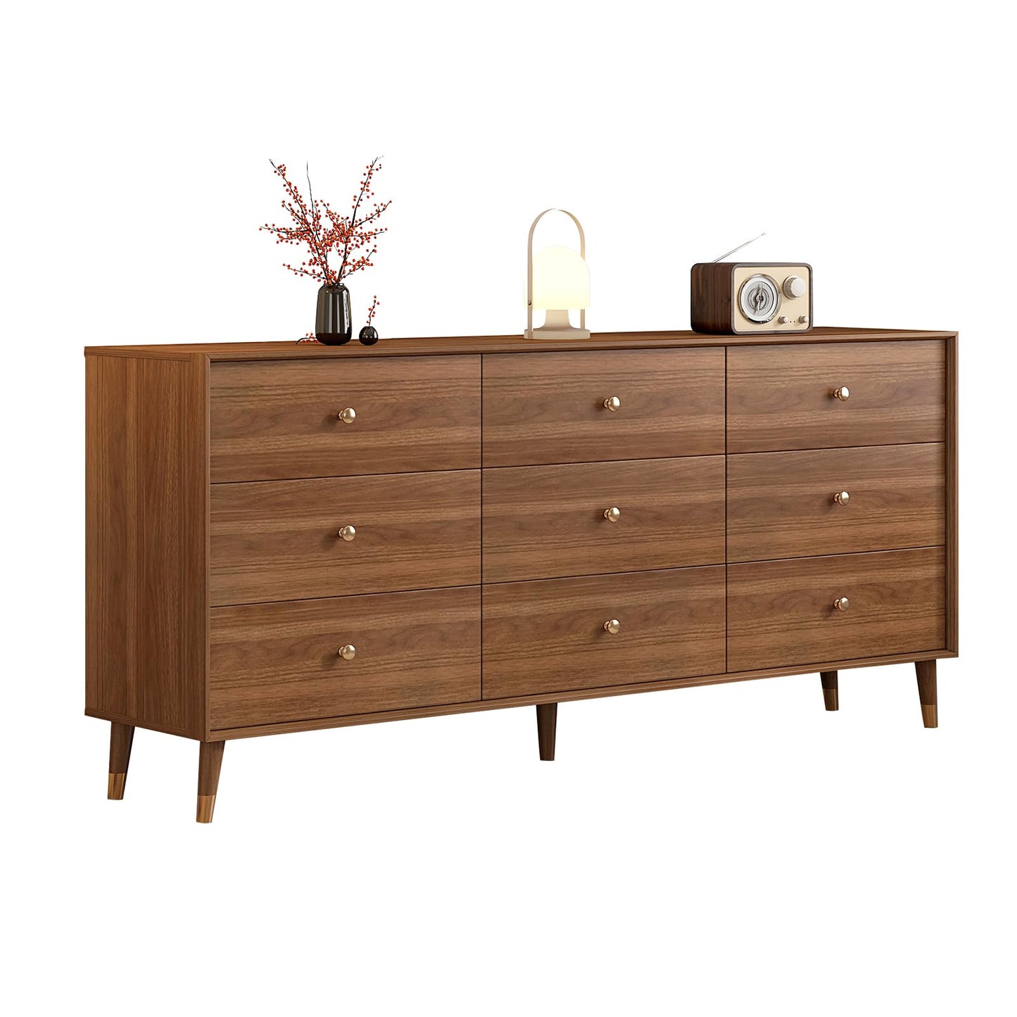 Messenya Mid Century Modern 9-Drawer Dresser, 63 Inch Wide Solid Wood Frame Chest, Walnut Finish, Beveled Design, Heavy-Duty Drawer Glides, Storage Cabinet for Bedroom, Living Room, TV Stand