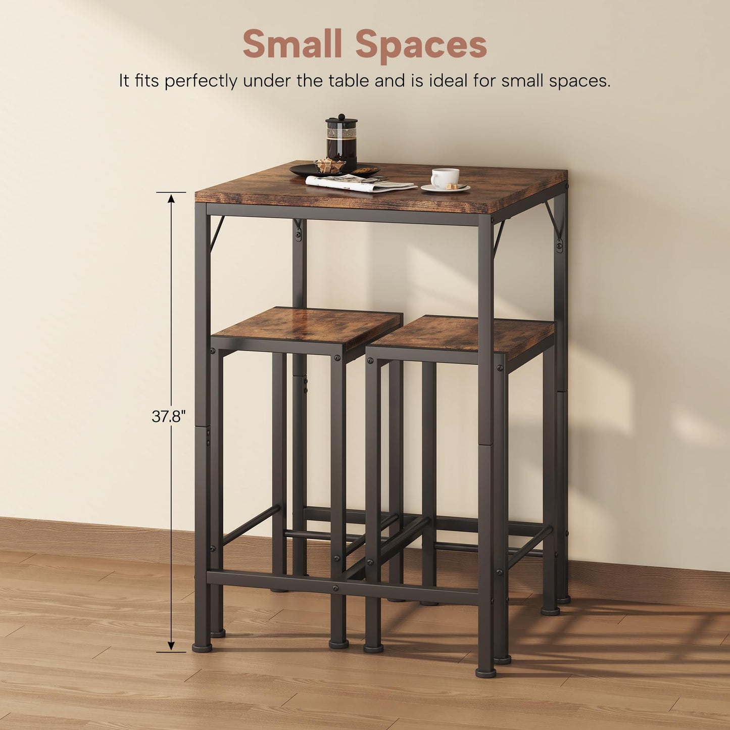 Homeiju Bar Table and Chairs Set, Square Bar Table with 2 Stools, Space-Saving Dining Pub Set for 2, Perfect for Kitchen, Breakfast Nook, Living Room & Small Spaces, Rustic Brown