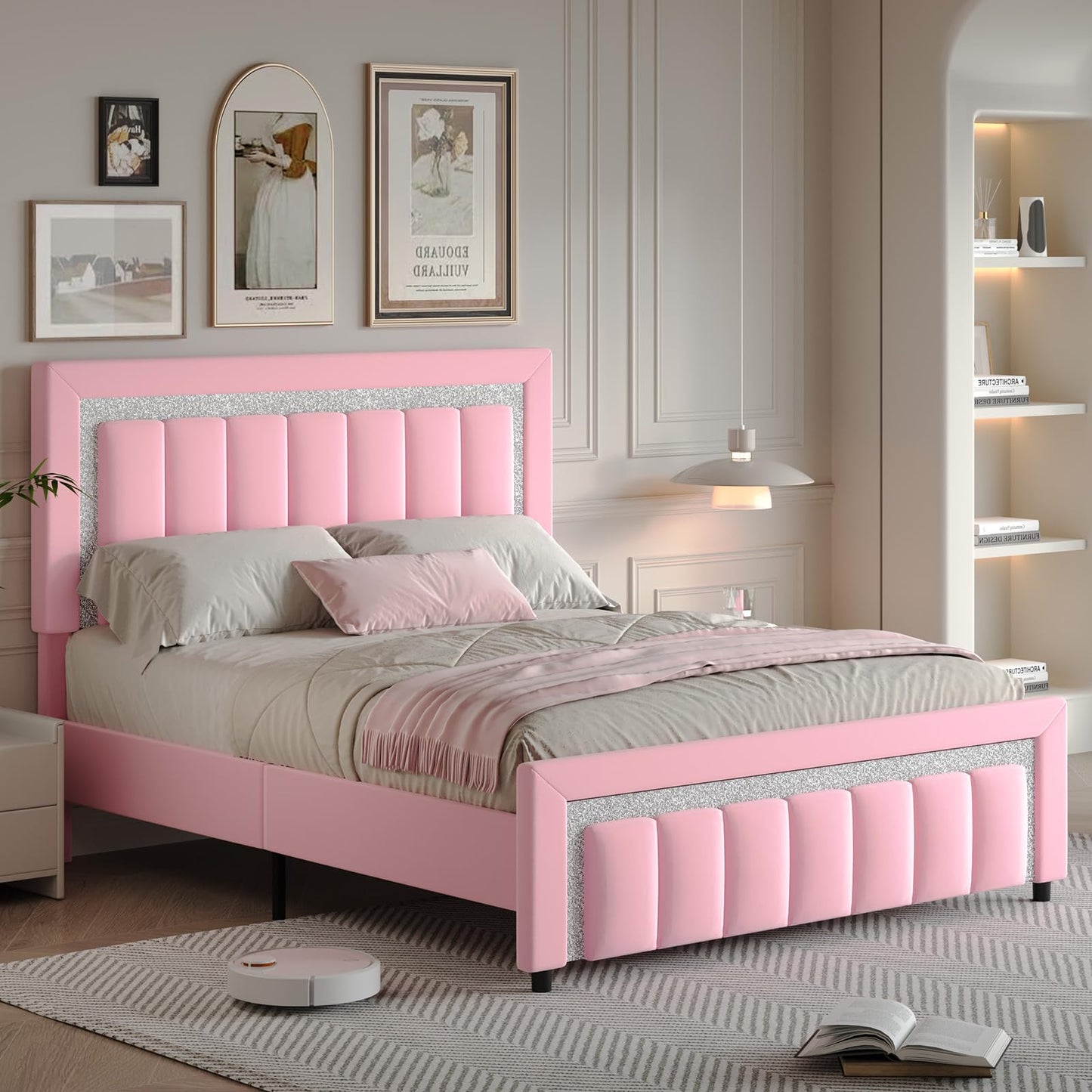 HOMBCK Queen Bed Frame, Upholstered Bed Frame with Diamond Headboard, Modern Queen Size Bed with Wooden Slats Support, Mattress Foundation, No Box Spring Needed, Easy Assembly, Pink