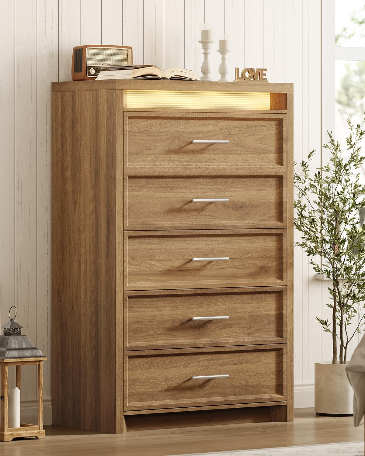AOGLLATI Mid-Century Modern Dresser for Bedroom with 5 Drawer, Dressers& Chests of Drawers, 44.5” Tall Wood Dresser with 3 Color Lights for Bedroom, Wood