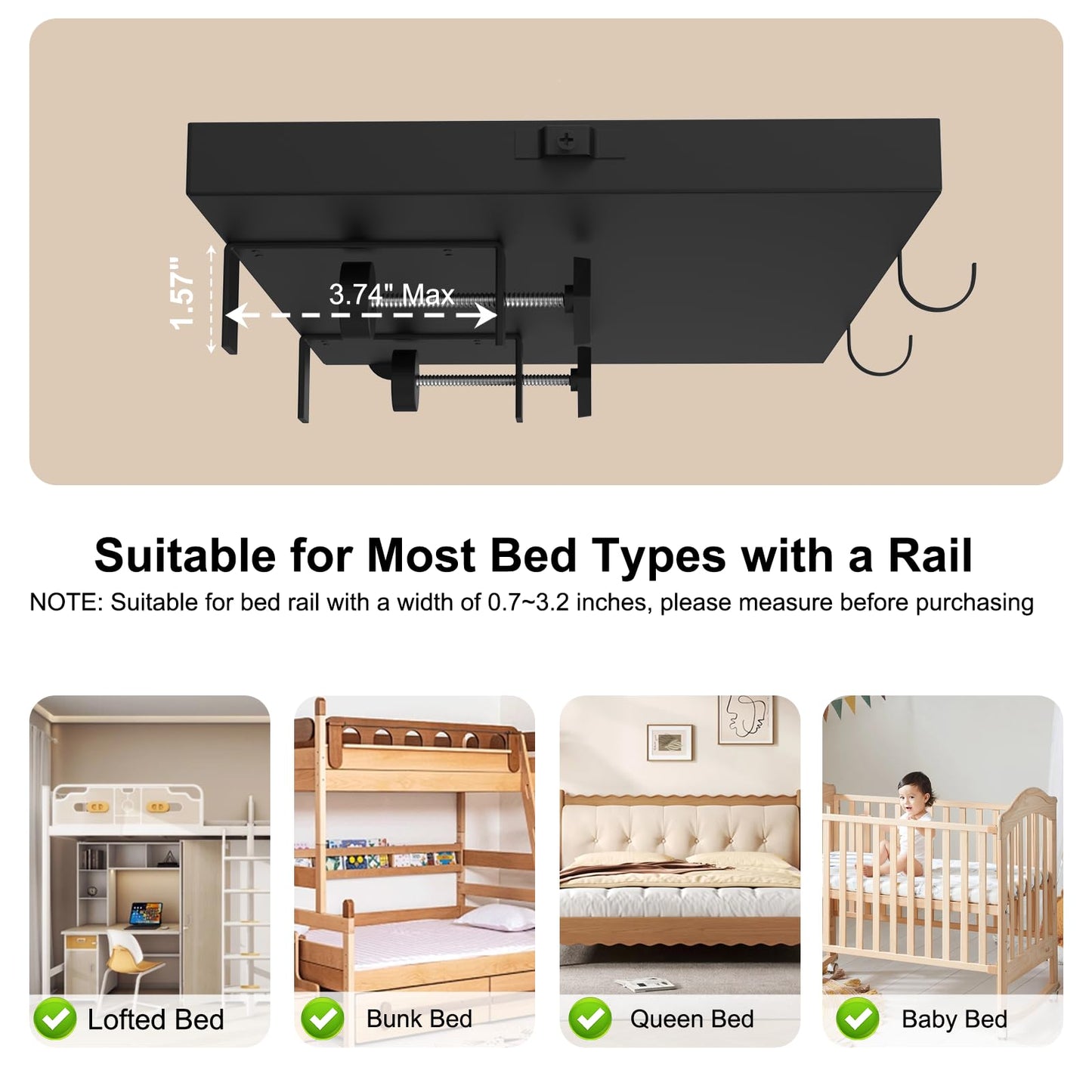 Moginno Bedside Shelf for Bunk Bed & Top Bunk, College Dorm Room Essentials, Bed Side Table Tray Organizer with Hook, Cord Clip and Cup Holder, Clip on Nightstand for Loft Bed Accessories, Black
