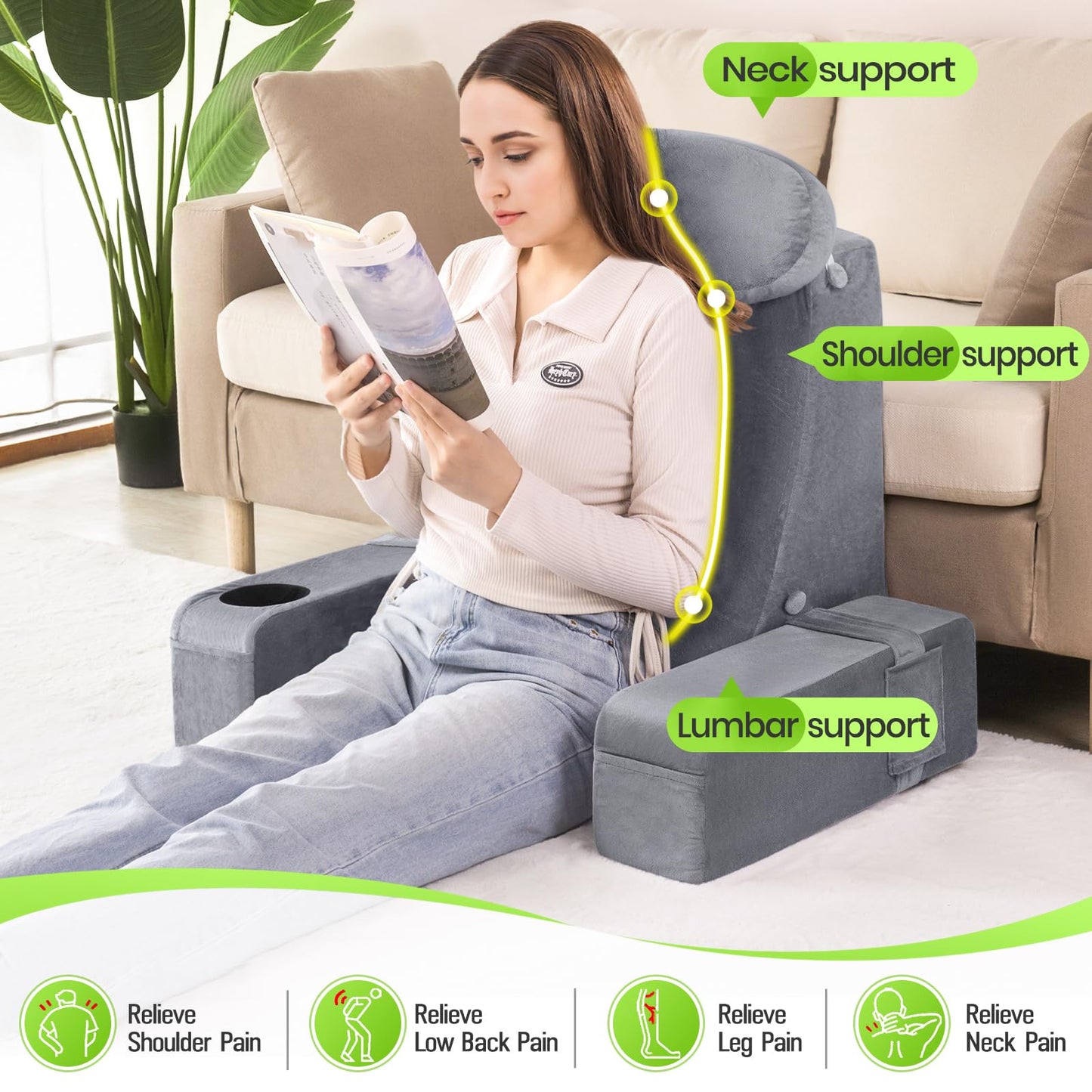 AS AWESLING Reading Pillow for Adults, Back Pillow for Bed Sitting Up, Backrest Pillow for Sitting in Bed, Detachable Arms with Built-in Cup & Phone Caddy (Gray, 21 INCH)