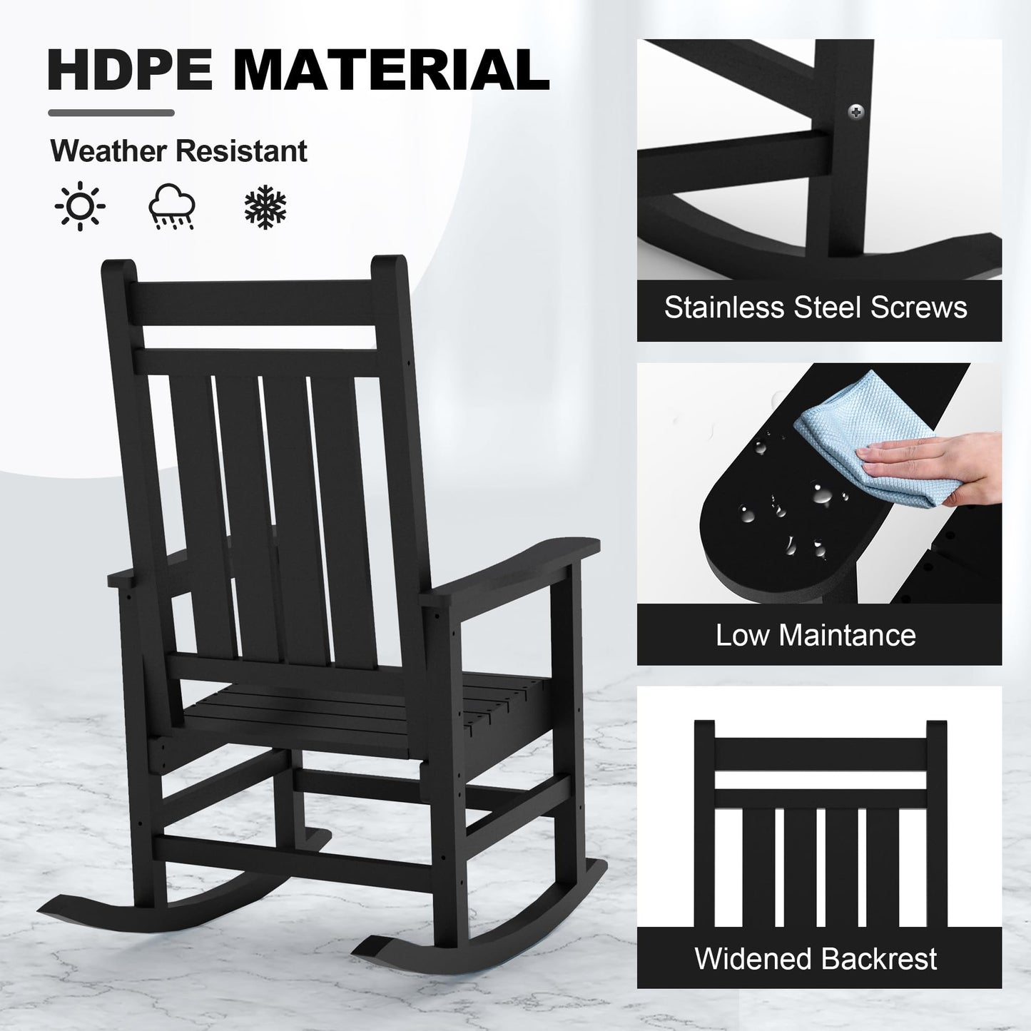 Outdoor HDPE Rocking Chairs Set of 2, HDPE Oversized Patio Rocking Chairs, All Weather Resistant Porch Rocker, Heavy Duty Front Plastic Rockers for Outside