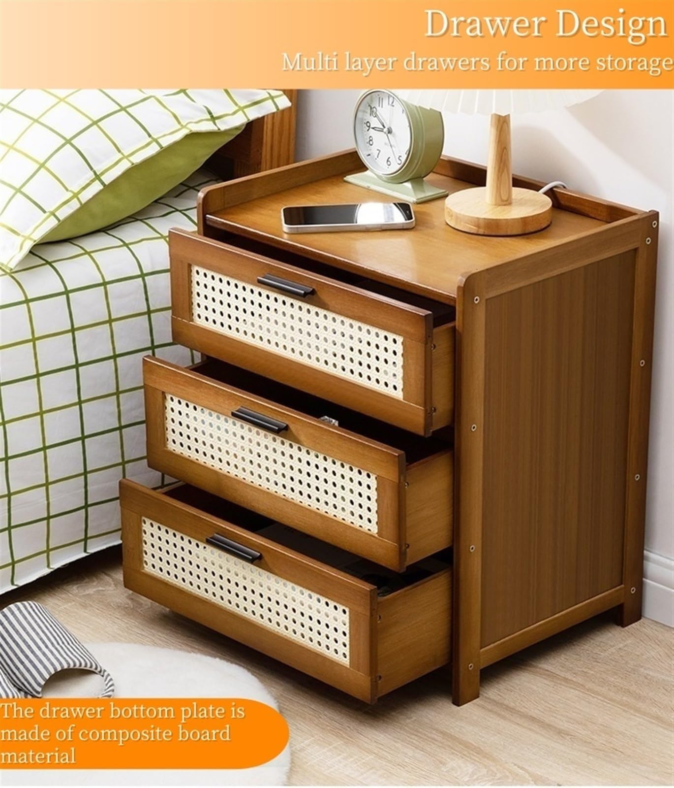 Boho Nightstand, End Table for Bedroom,Rattan Nightstand End Table,3Drawers Storage Ideal for Living Room and Small Space (Brown) ，Ideal Choice for Room(Brown)