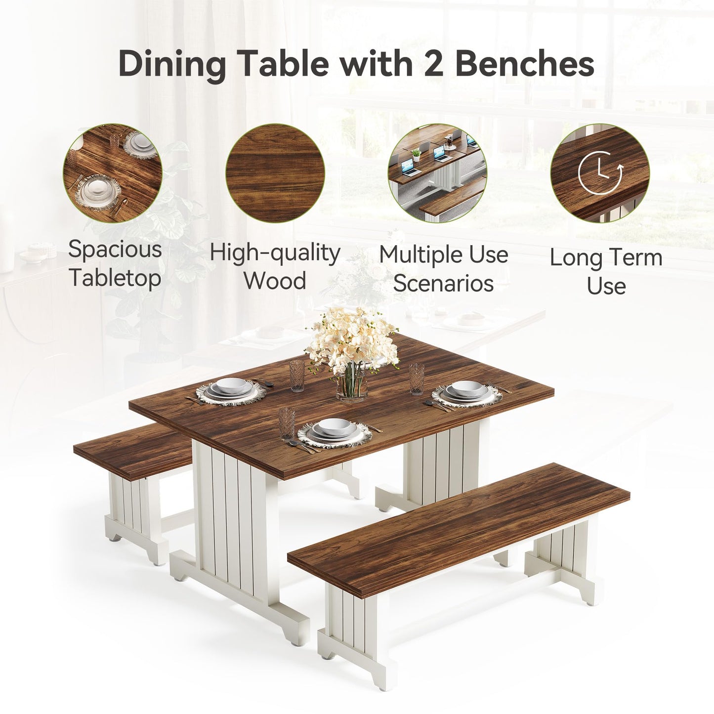 LITTLE TREE Dining Table Set for 4 with 2 Benches, Modern Kitchen Table with MDF Board, Space-Saving Dinette for Kitchen, Dining Room, Brown and White