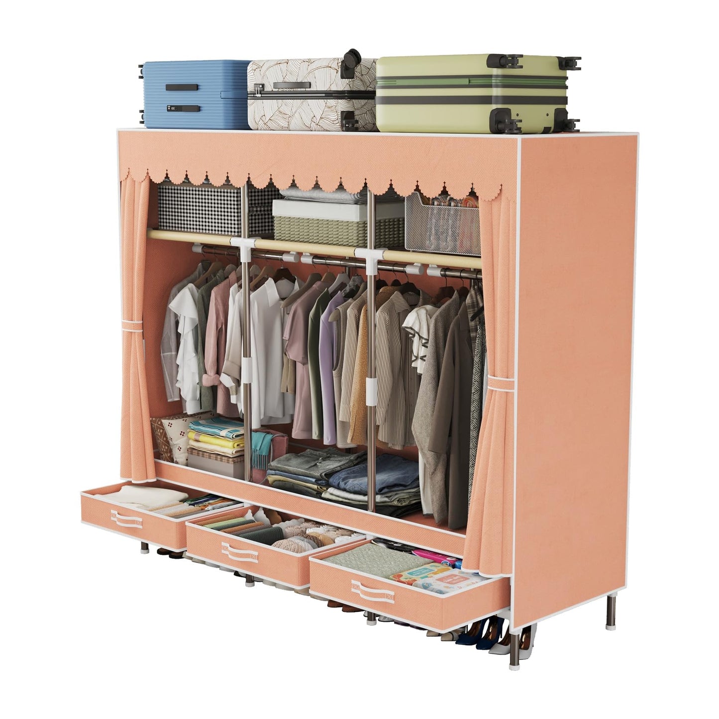 LEAIJIAFY Portable Armories Wardrobe, 65" Tall, Metal Frame with Cute Pink Non-Woven Cover, 3 Hanging Areas, Drawers and Shelves,for Small Room Clothing Storage