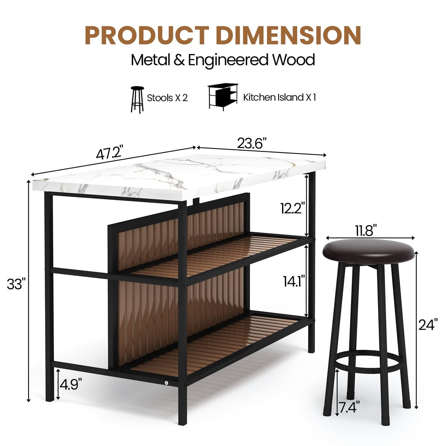 DKLGG Kitchen Island with Stools & Storage, Modern Dining Table Set for 2, 3 Piece Kitchen & Dining Room Sets Island Table for Small Space, Apartment, Home Bar, White