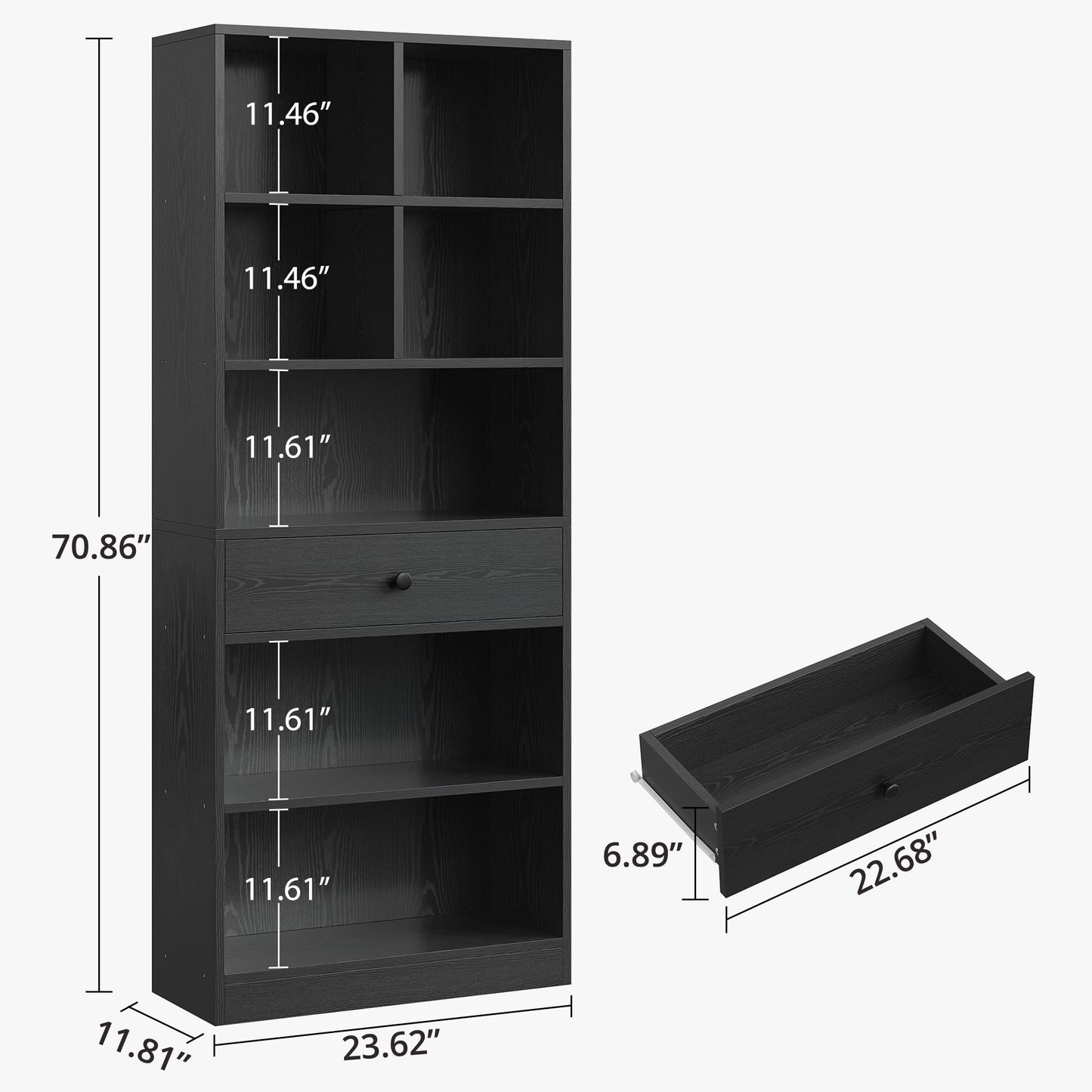IRONCK Bookcase and Bookshelves, 70" Tall Bookshelf Floor Standing 6 Tiers Display Storage Shelves, Book Shelf with Drawers for Home Office, Living Room, Bedroom, Library, Black