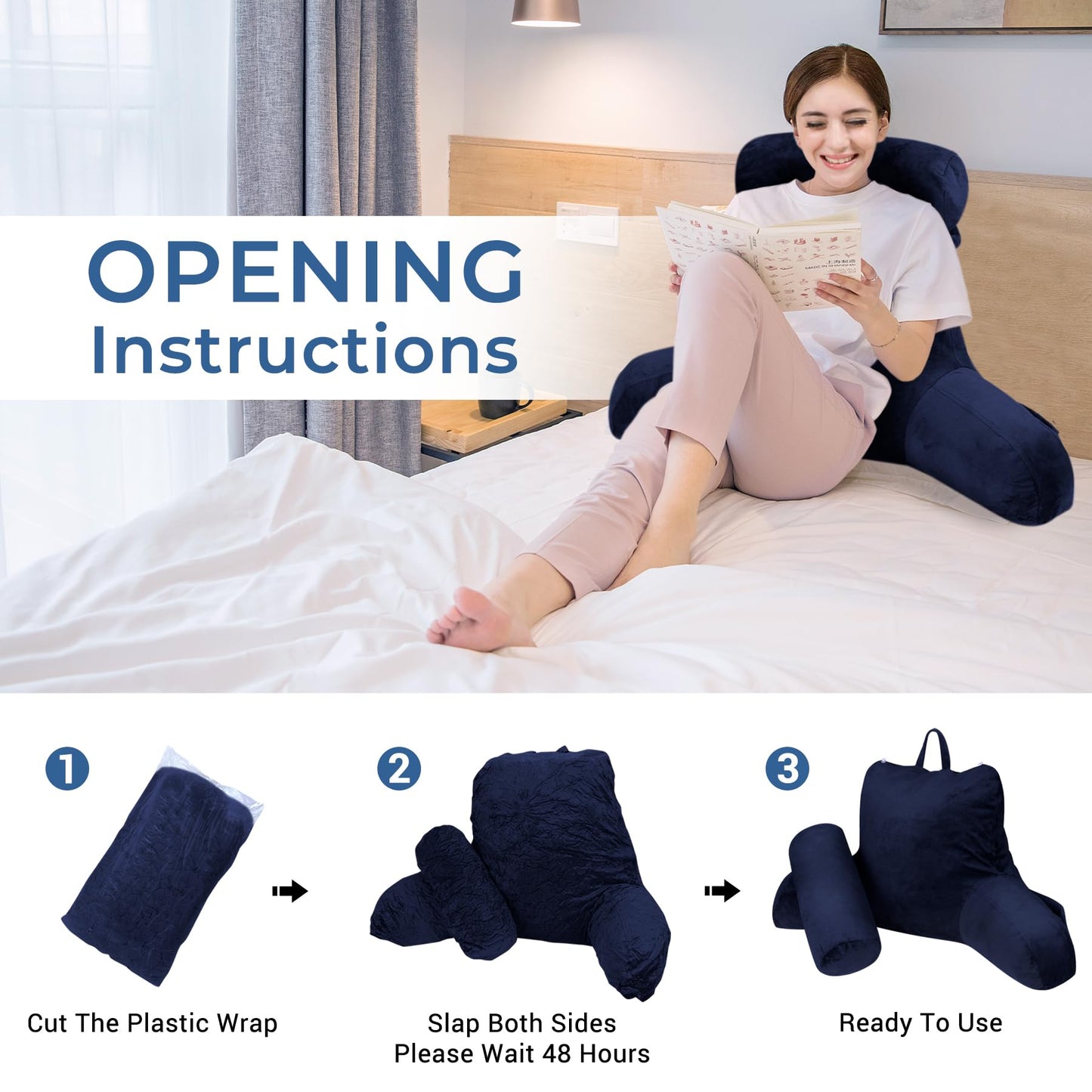 COOLBEBE Reading Pillow for Bed Backrest Pillow for Bed Sitting Up Adult with Arms Navy Back Support Pillow with Headrest & Pockets, Removable Washable Cover and Detachable Neck Roll(Standard 18")