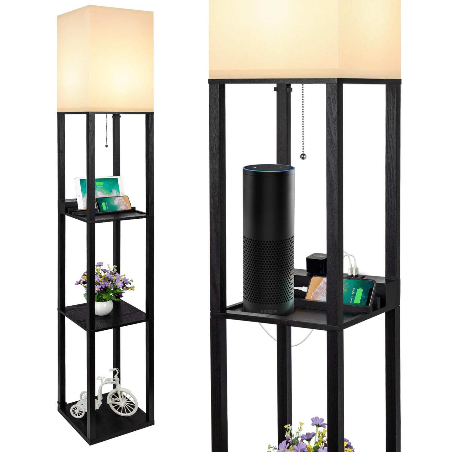 SHINE HAI 3-in-1 Shelf Floor Lamp with 1 USB&Type C&1 AC Outlet, 3-Tiered LED Bedroom Lamp, Shelf & Storage Combination Modern Standing Light