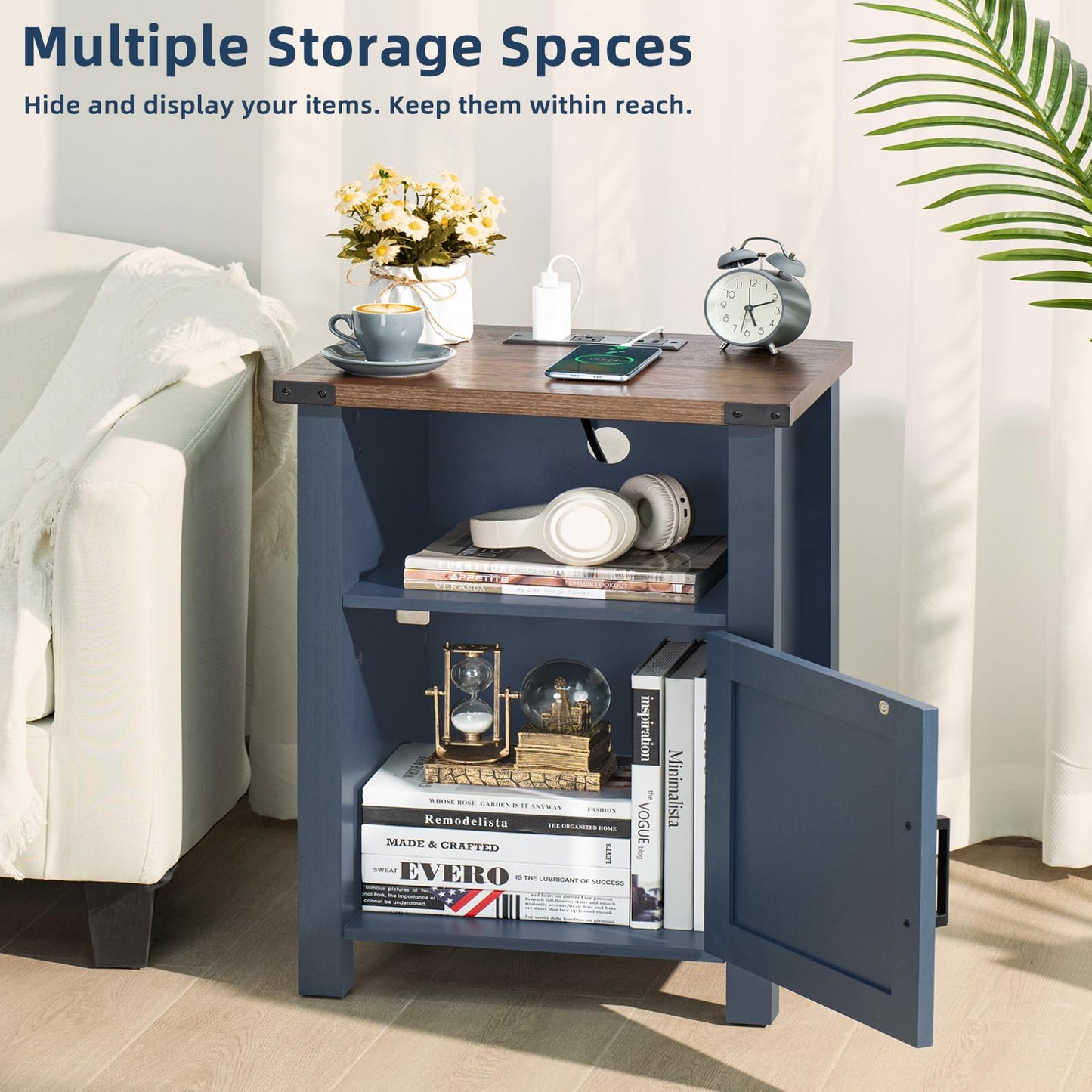 Joaxswe Night Stand Set of 2, 18 Inch Farmhouse Nightstand with with Charging Station and USB Port, Rustic Couch End Table with Magnetic Door, Wood Bed Side Tables for Bedroom, Home, Navy Blue