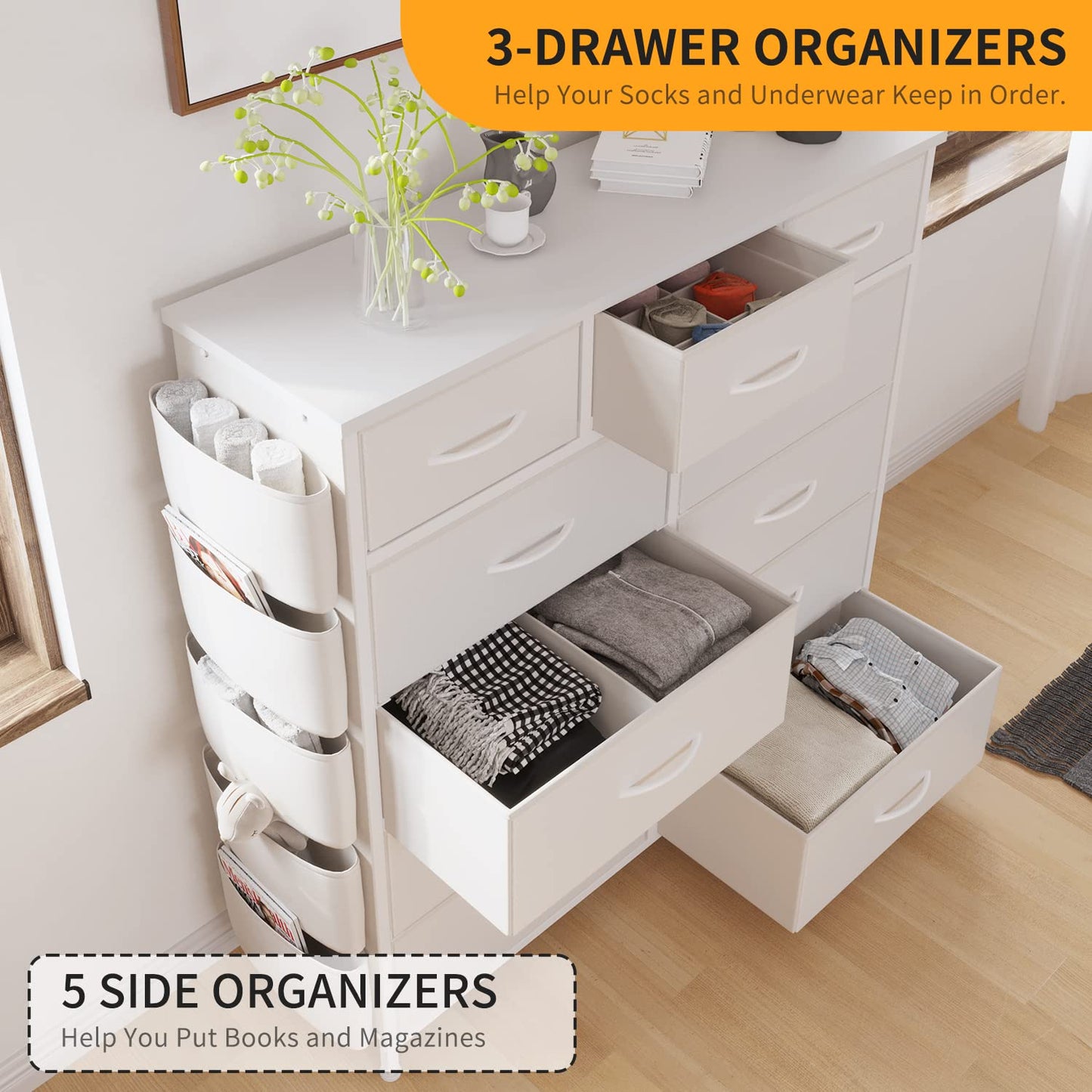 LIVEHOM 11 Drawer Fabric Storage Dresser for Bedroom Organization, Chest of Drawers with Deep Shelves, Side Pockets & Hooks, Sturdy Steel Frame & Wood Top, Baby/Kids Closet Organizer Unit