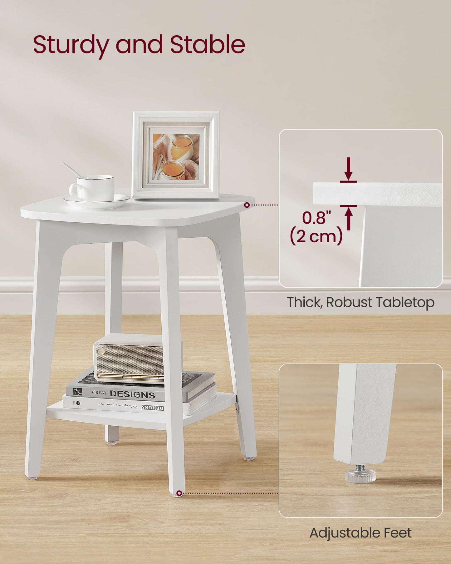 VASAGLE Side Table, Small Square End Table with Lower Shelf, Nightstand for Small Spaces, Living Room, Bedroom, Cloud White ULET236W01