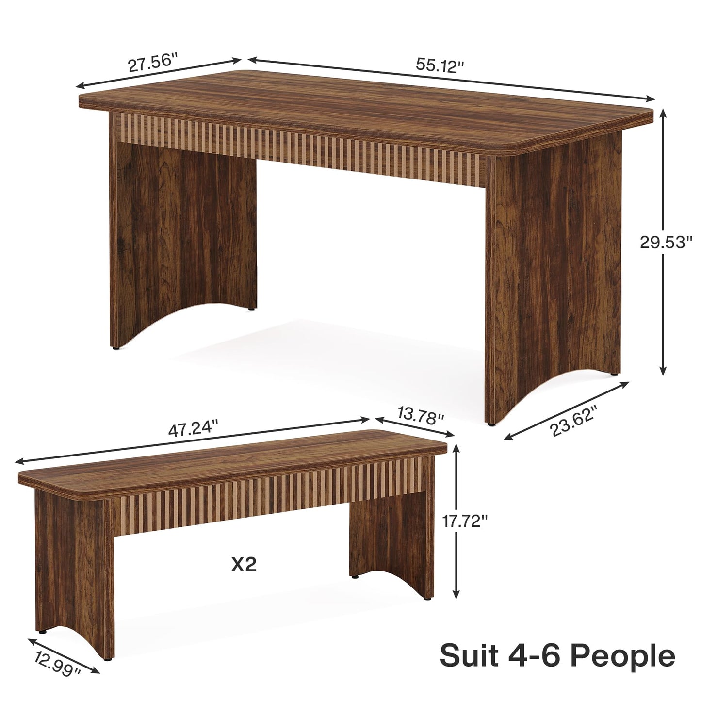 Tribesigns 3-Piece Dining Table Set, 55" Dining Room Table with 2 Benches for 4-6 People, Kitchen, Dining Room, Rustic Brown