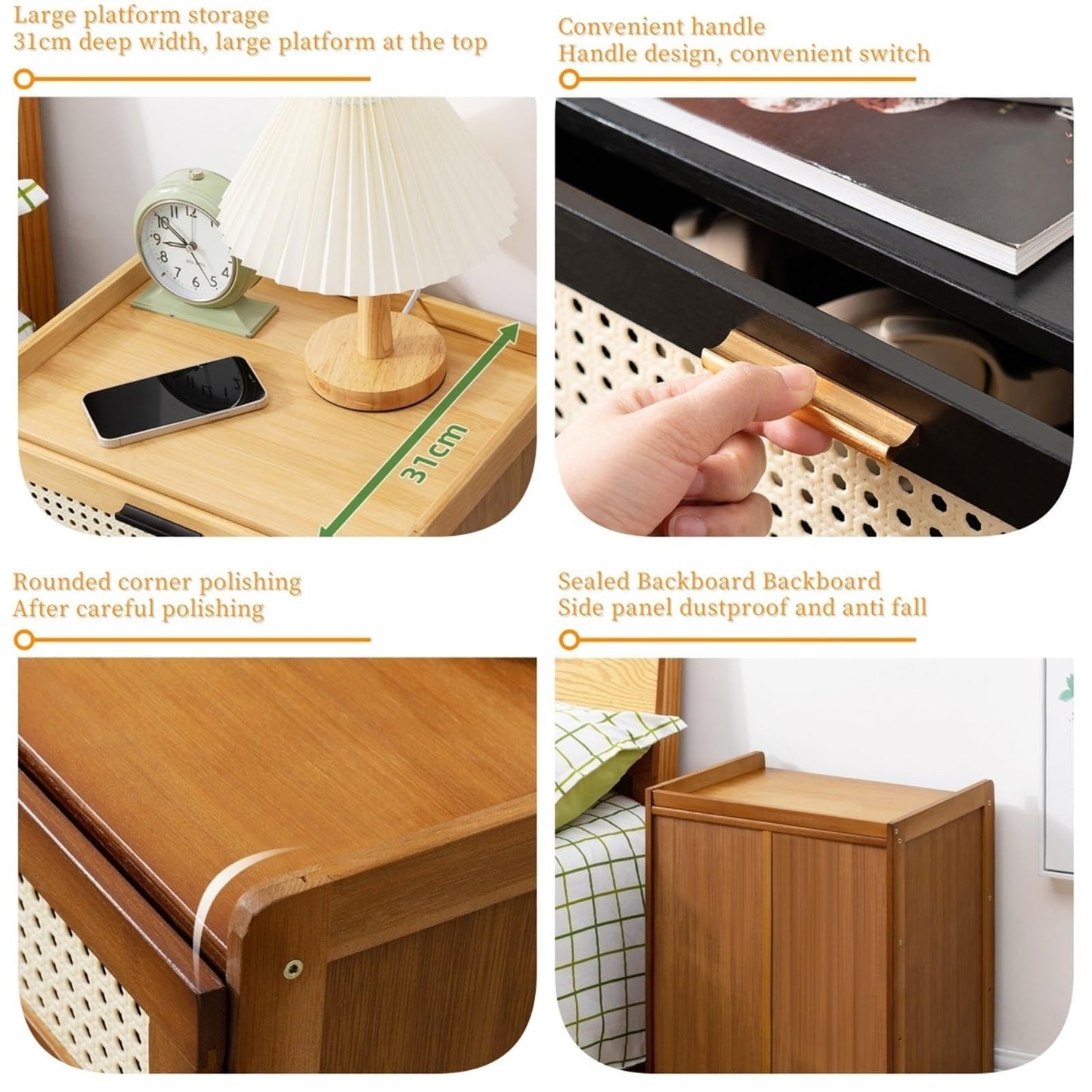 Boho Nightstand, End Table for Bedroom,Rattan Nightstand End Table,3Drawers Storage Ideal for Living Room and Small Space (Brown), for Home(Black)