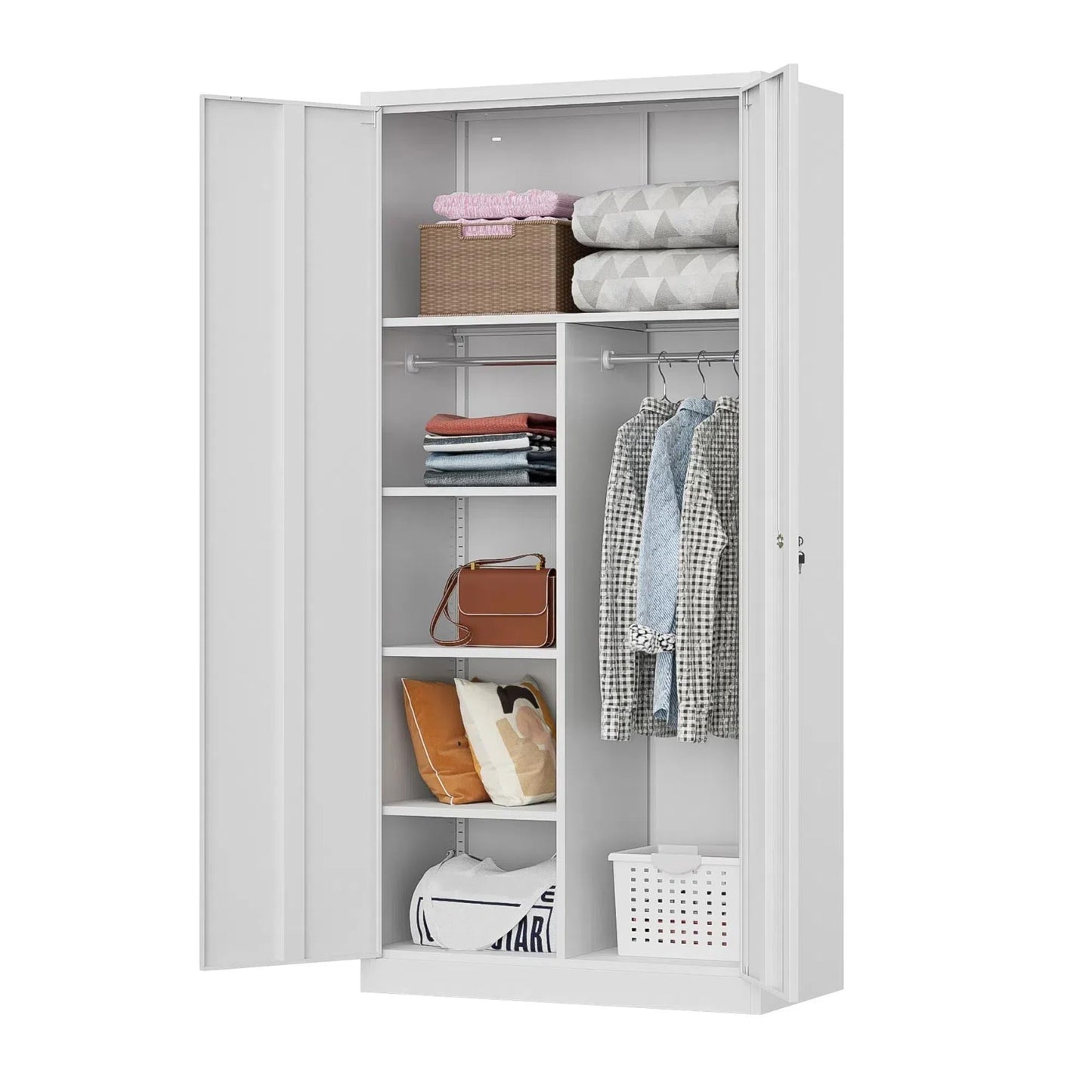 Firstsky 71" H Metal Armoire Wardrobe Cabinet with Doors and Shelves,5-Tire Wardrobe Closet with Rod,Adjustable Steel Locking Cabinet for Home Office,Bedroom,Garage,Laundry (White)