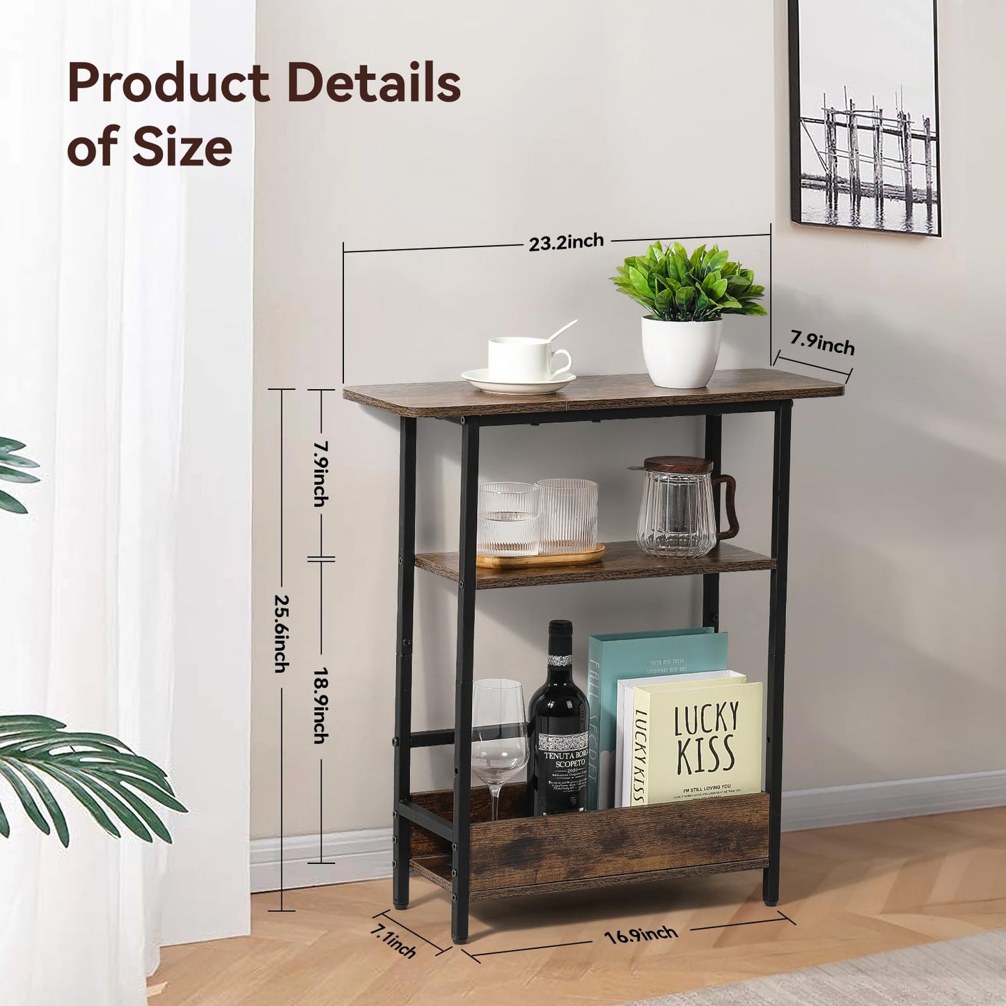 Narrow Side Table for Small Spaces, 3-Tier Small End Table with Storage Shelf and Magazine Holder, Slim and Skinny Nightstand for Bedroom, Living Room Sofa Table for Space Saving, Brown