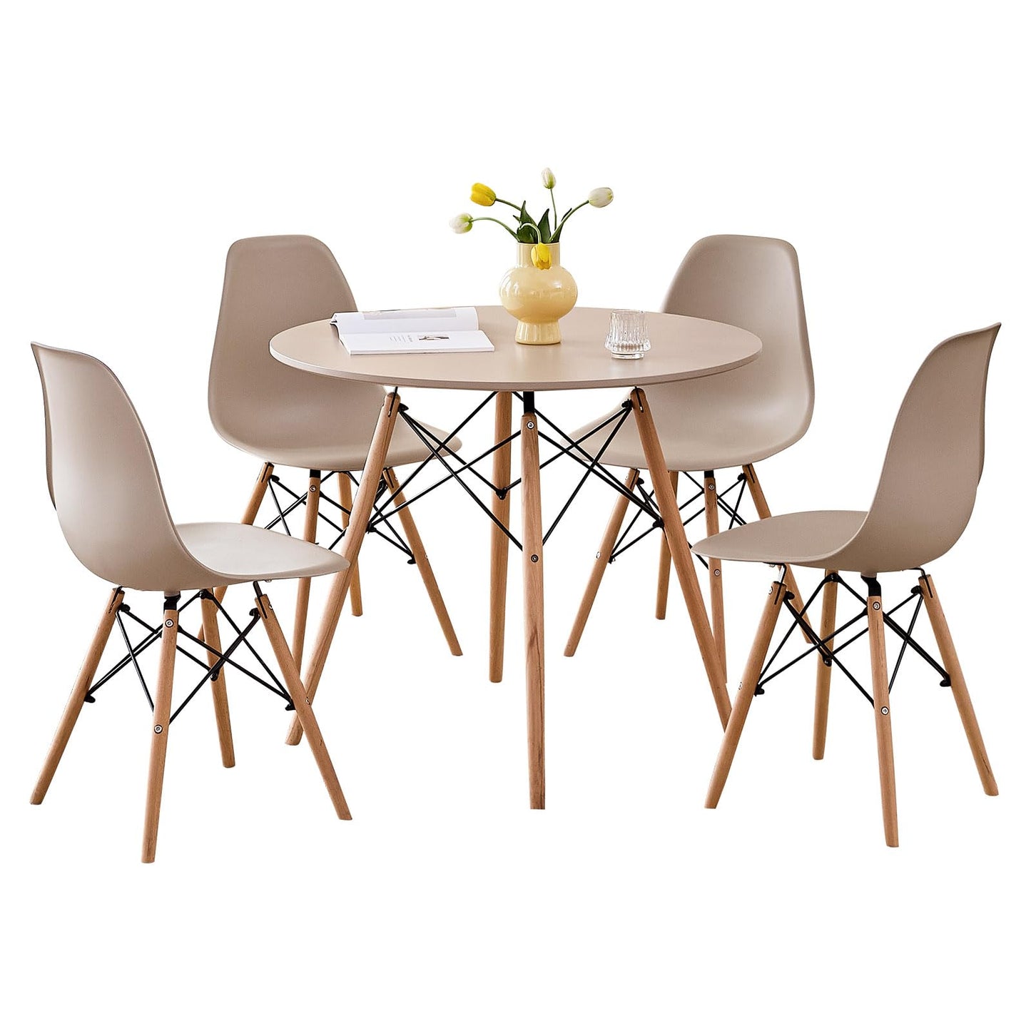 Lecafur HL 5-Piece Round Dining Table Set, Small 35.5" Kitchen Table Chairs Set of 4 Space Saving Furniture, Plastic Seats, Solid Wood Legs, for Living Room Apartment Office Home, Sand