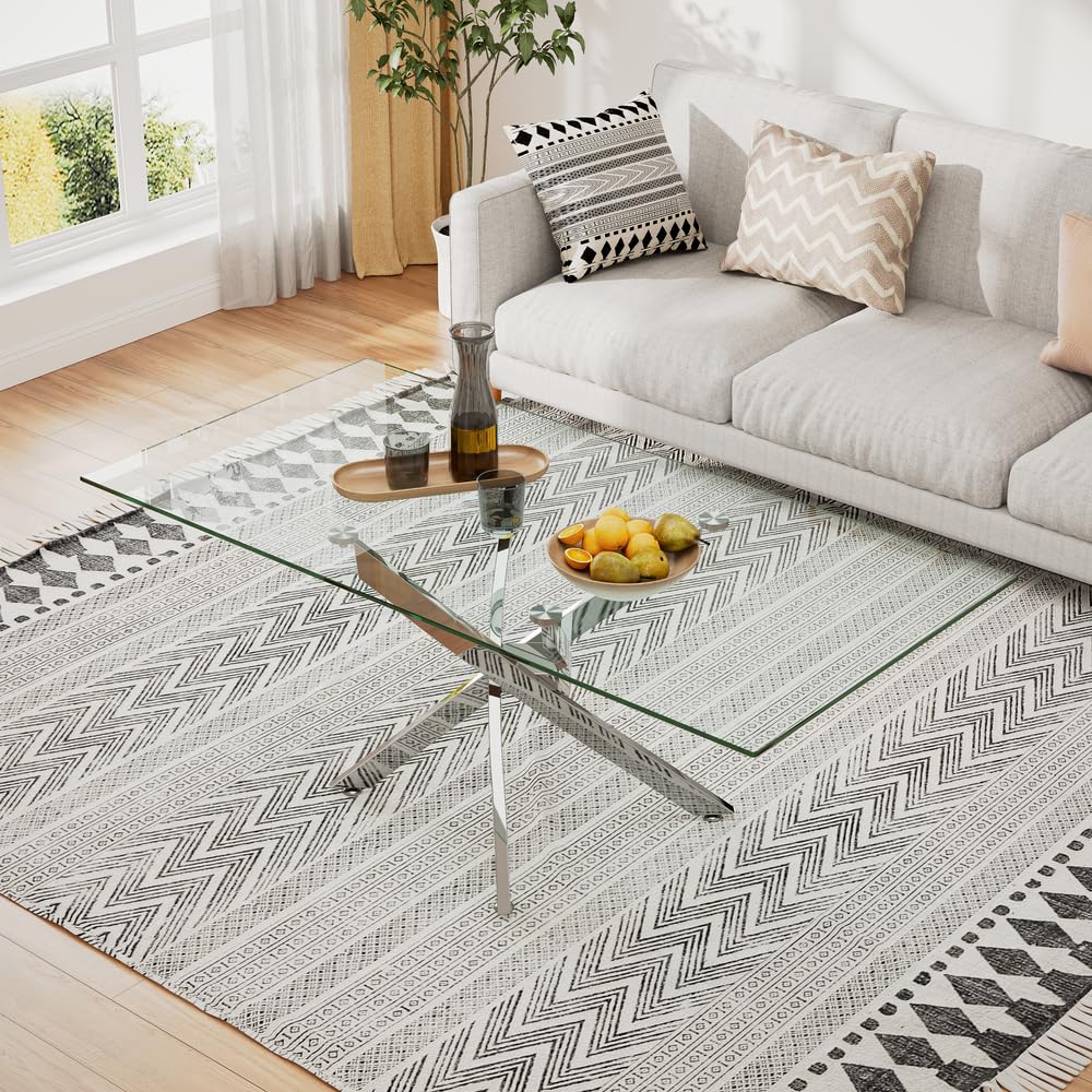NIERN Tempered Glass Coffee Table with Chromed Legs, Rectangle Modern Living Room Table for Home Office Living Room (Sliver, 40” x 20” x 17”)