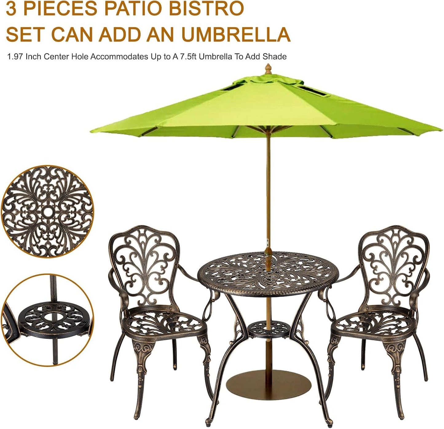 GarveeHome 3 Piece Outdoor Bistro Set, Cast Aluminum Patio Table and Chairs Set of 2 with Umbrella Hole, Rust-Resistant All Weather Balcony Furniture for Backyard, Porch, Bronze
