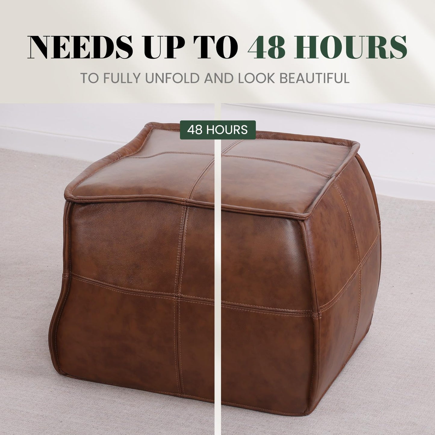Couchus Genuine Leather Square Pouf Ottoman Footstool for Living Room, Bedroom, Indoor (Brown)