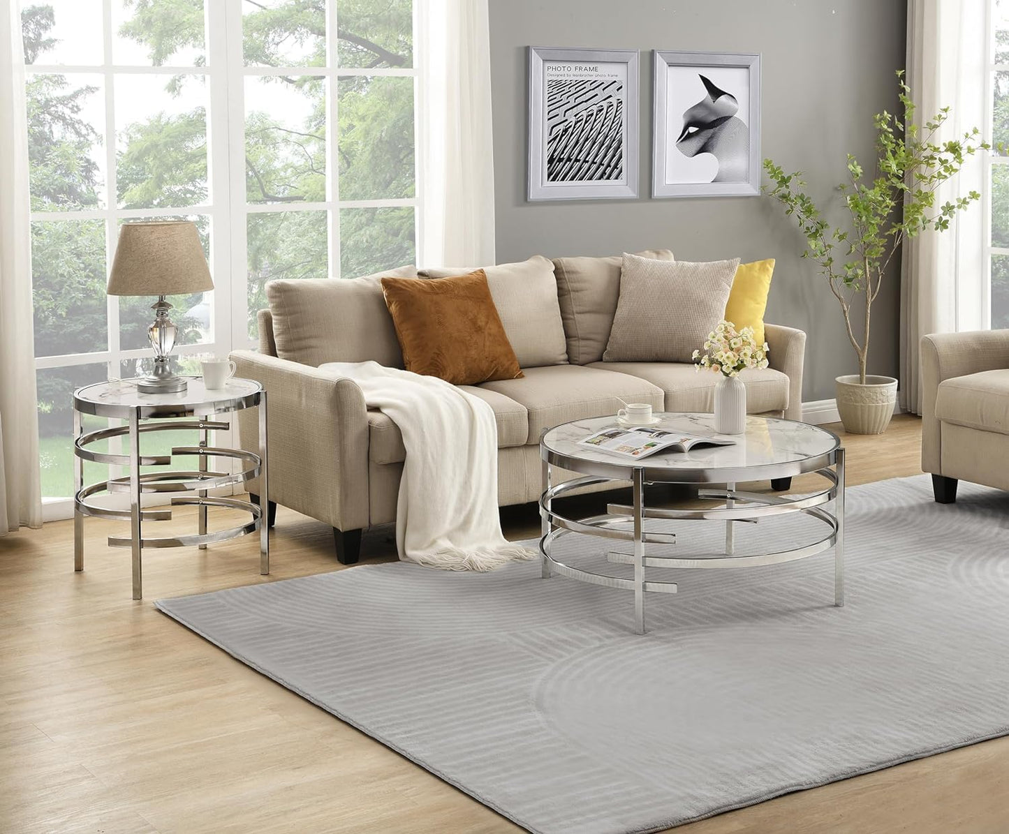 KUVADAZ Sintered Stone Coffee Table with Silver Chrome Metal Base, Round Coffee Table Modern Center Tables Circle Living Room Cocktail Tables for Home Office, White