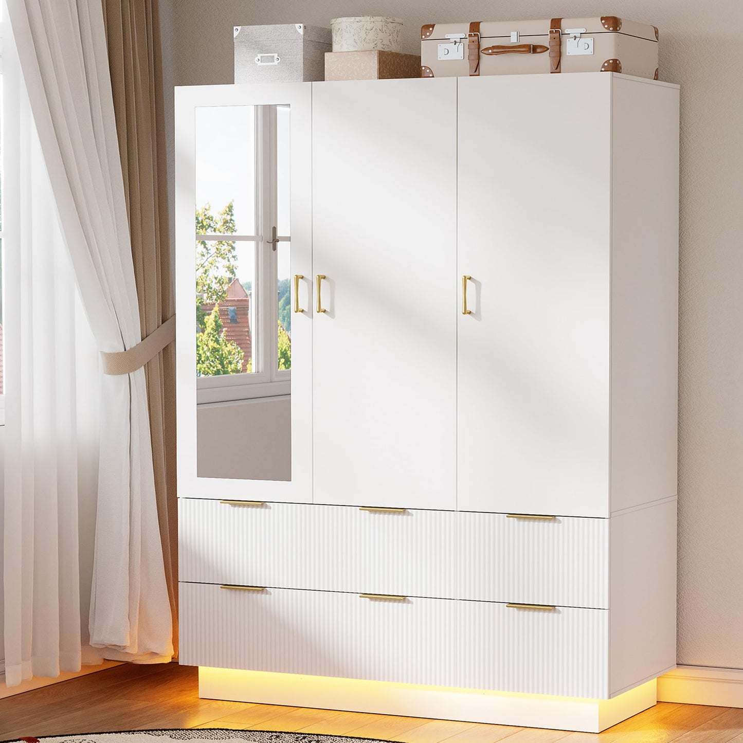 PAKASEPT Armoire Wardrobe Closet with 3 Door, Bedroom Armoires with Mirror and LED Lights, Hanging Rod, Drawers, Large Capacity Storage Wardrobe Armoire for Bedroom