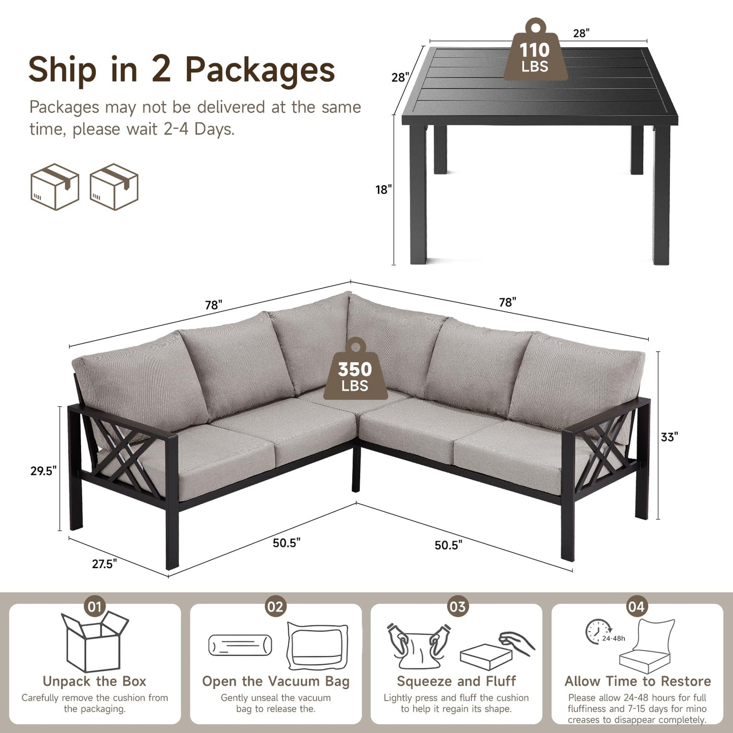 Patio Furniture Set, 6-piece Metal Sectional Furniture Sofa with Coffee Table, L Shaped Outdoor Couch with Olefin Cushion, Highback Frame, Outdoor Patio Conversation Sets for Balcony Backyard, Grey