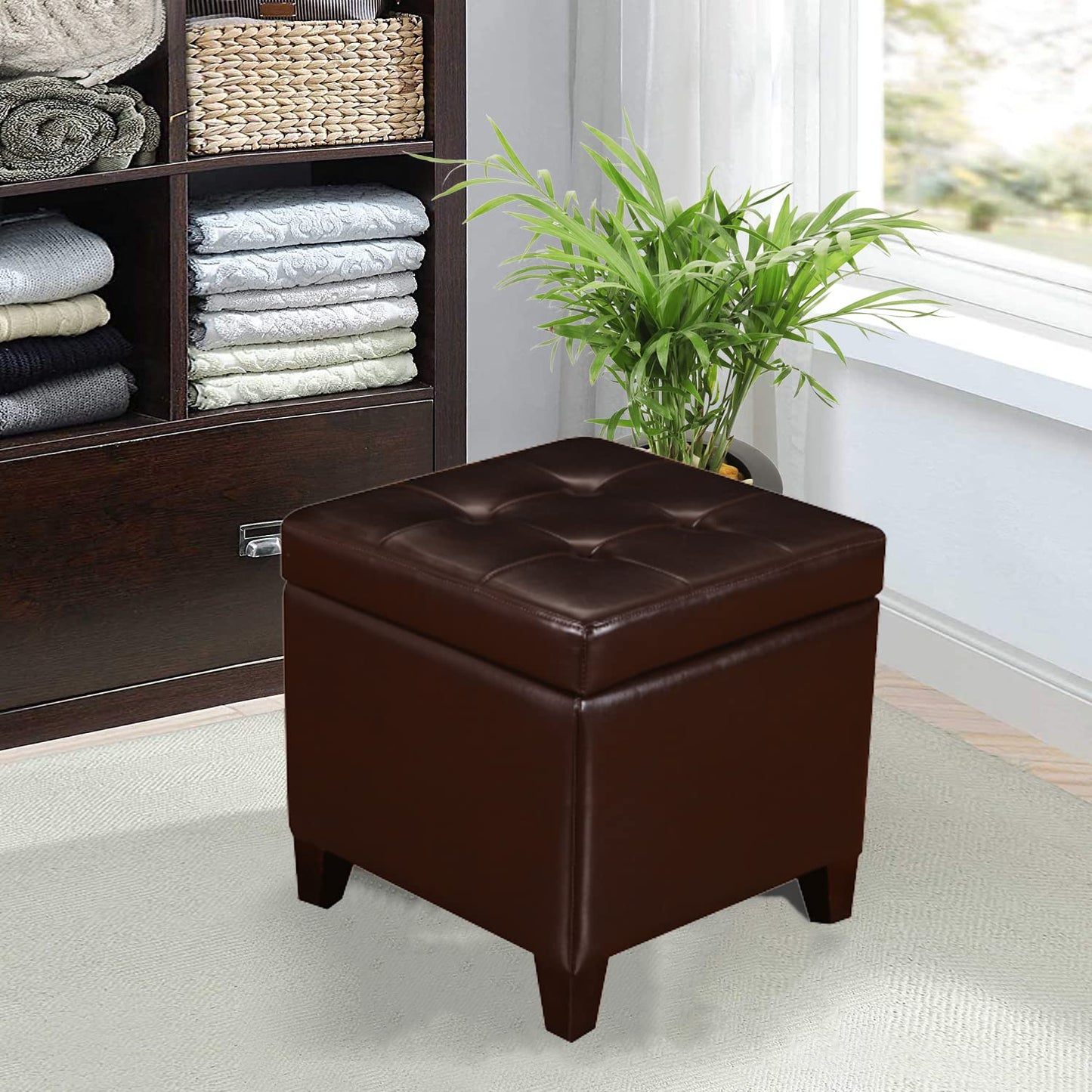 Decent Home Tufted Leather Square Storage Ottoman, Lift Top Cube Footstool with Hinged Lid Footrest with Wood Legs (Brown)