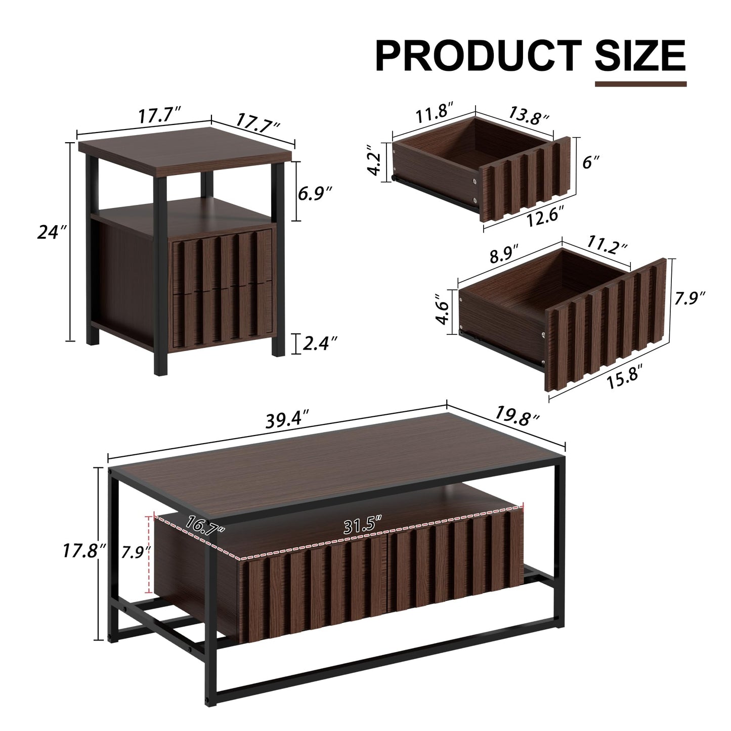 UEV Coffee Table Set of 3,Living Room Table Set,Mid Century Coffee Table,End Side Tables Set of 2 with 2 Drawer for Living Room & Bedroom,Walnut