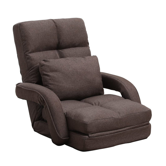 DeeLyan Indoor Floor Chair with Armrest and Pillow Folding Chaise Lounge Sofa 14-Position Adjustable Comfy Gaming Recliner Chair Padded Seats for Adults (Brown)