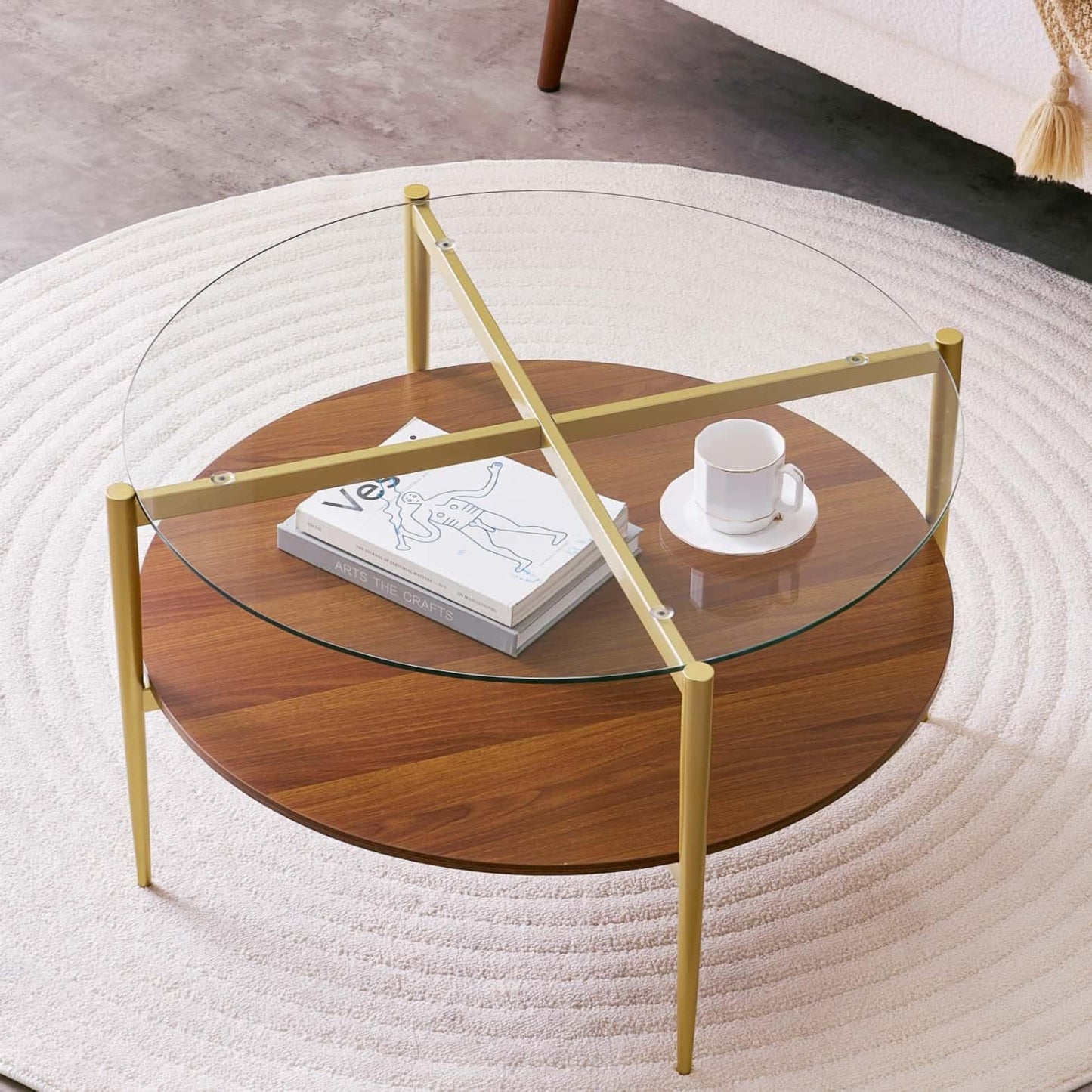 LumFurn Round Coffee Table, Mid-Century Modern Design, D30“ x H17”, for Living Room, 2-Tier Structure, Clear Glass Top and Walnut MDF Shelf, Sleek Conical Metal Legs with Gold Finish